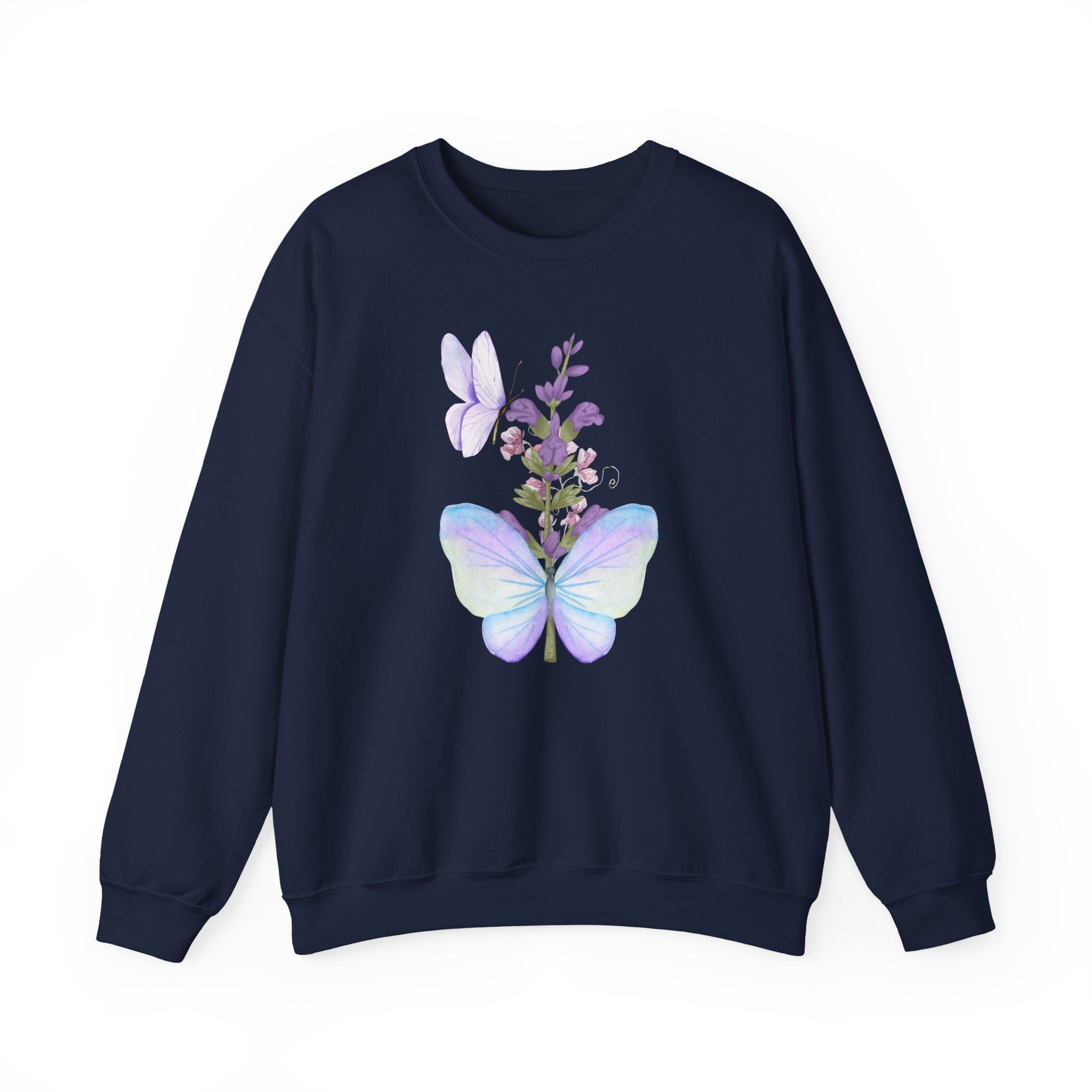 Navy blue sweatshirt with butterfly and floral design on a white background