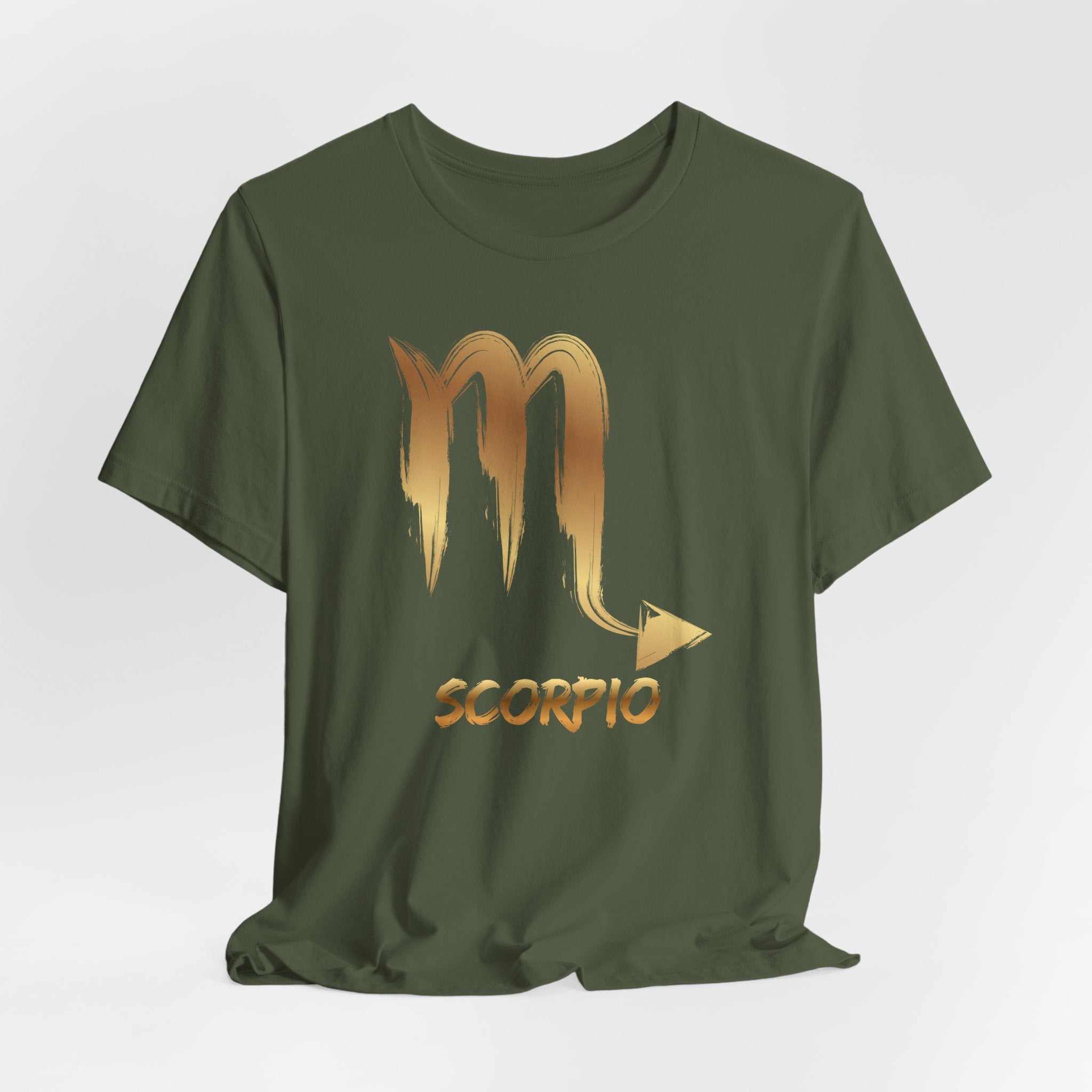 Green t-shirt with Scorpio zodiac symbol in gold on a white background