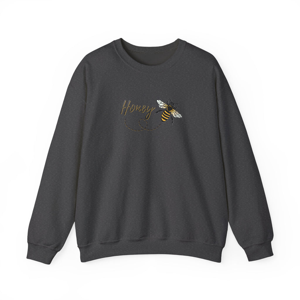 Dark gray sweatshirt with a bee and 'Honey' text design on a white background