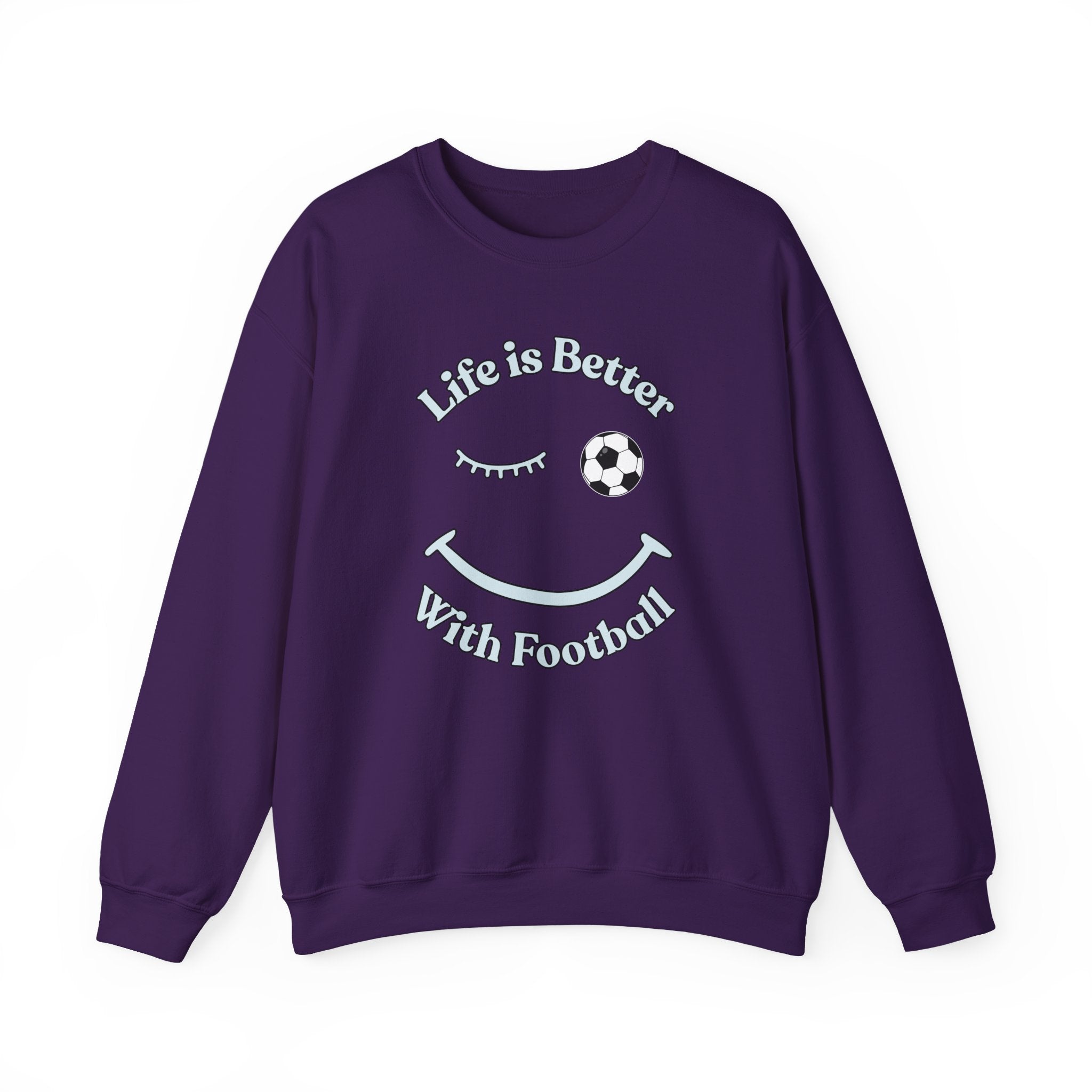 Purple sweatshirt with 'Life is Better With Football' text and smiley face design on a white background