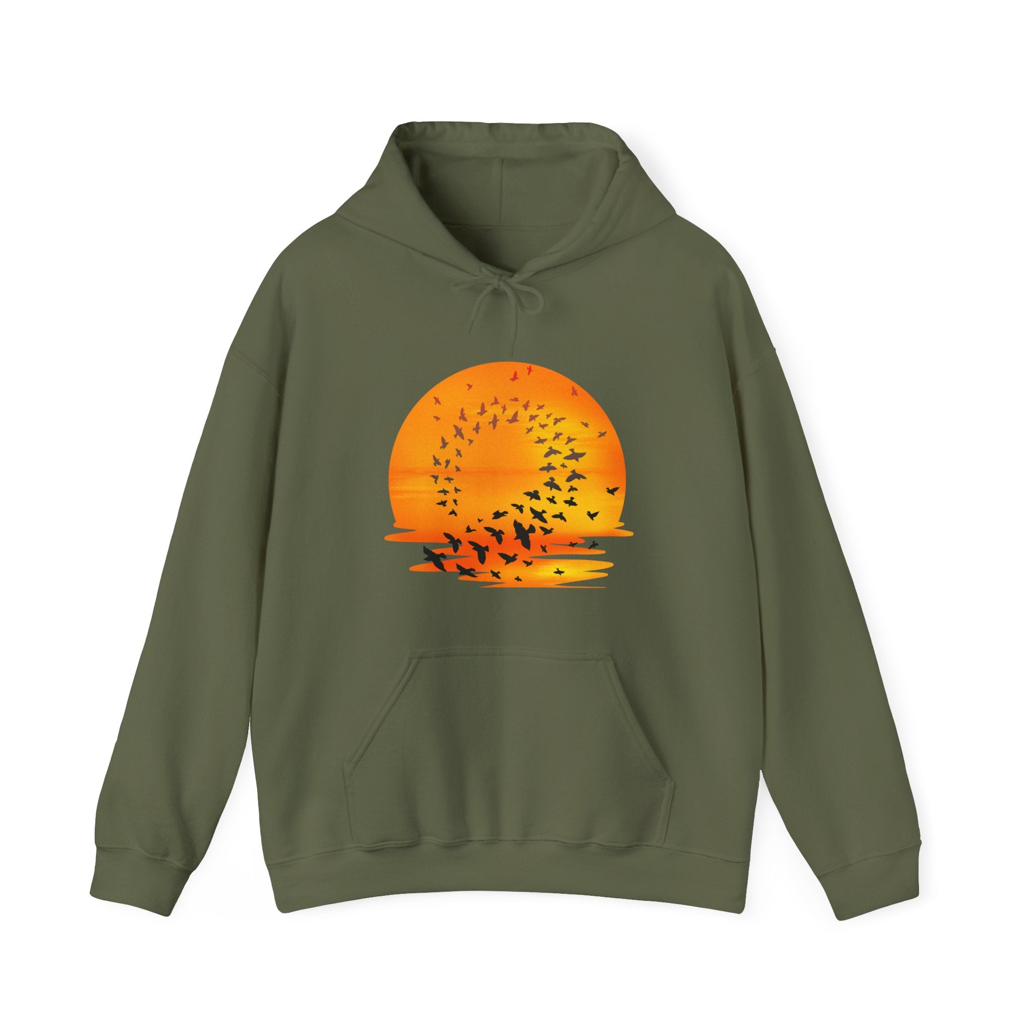 Green hoodie with a sunset and bird design on a white background