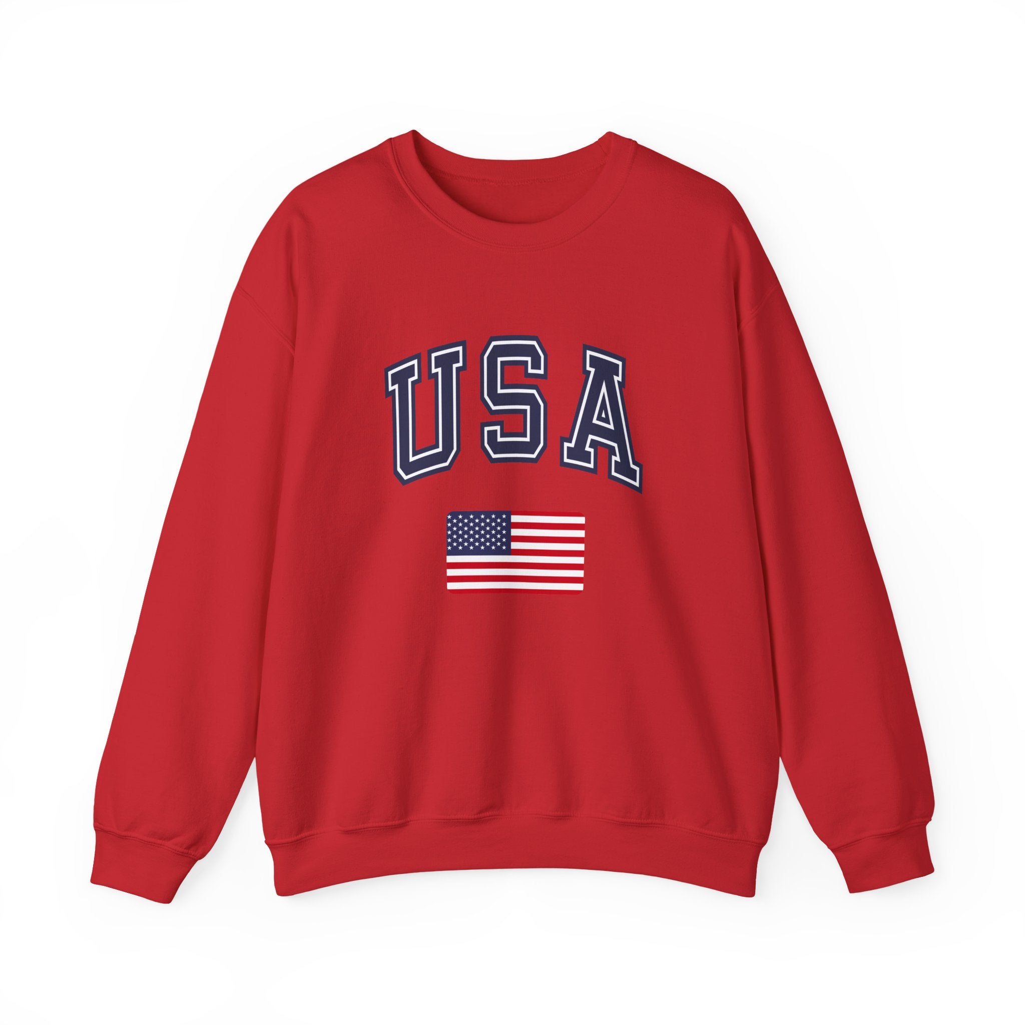 Red sweatshirt with 'USA' and American flag on a white background