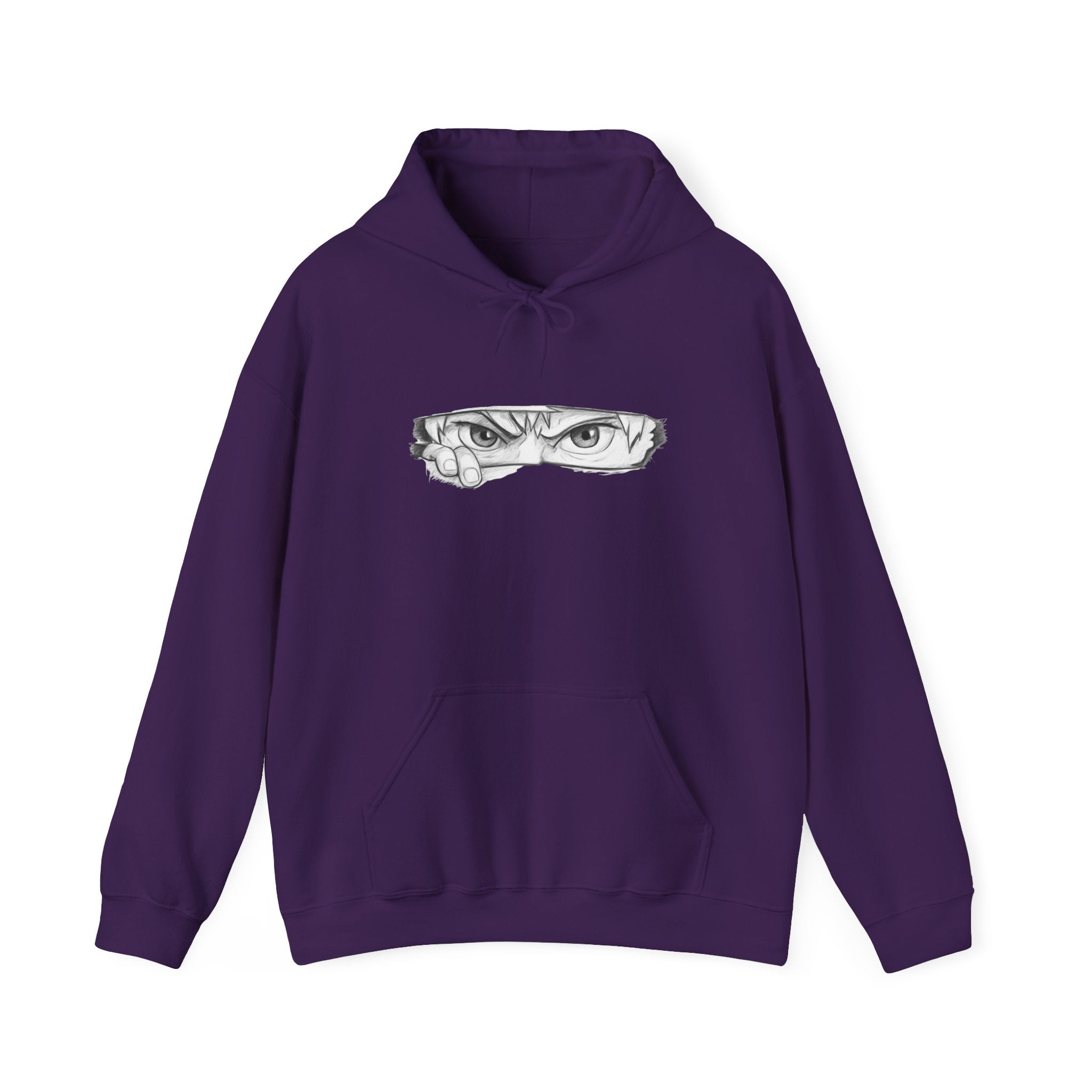 Purple hoodie with a graphic of a anime eye on a white background
