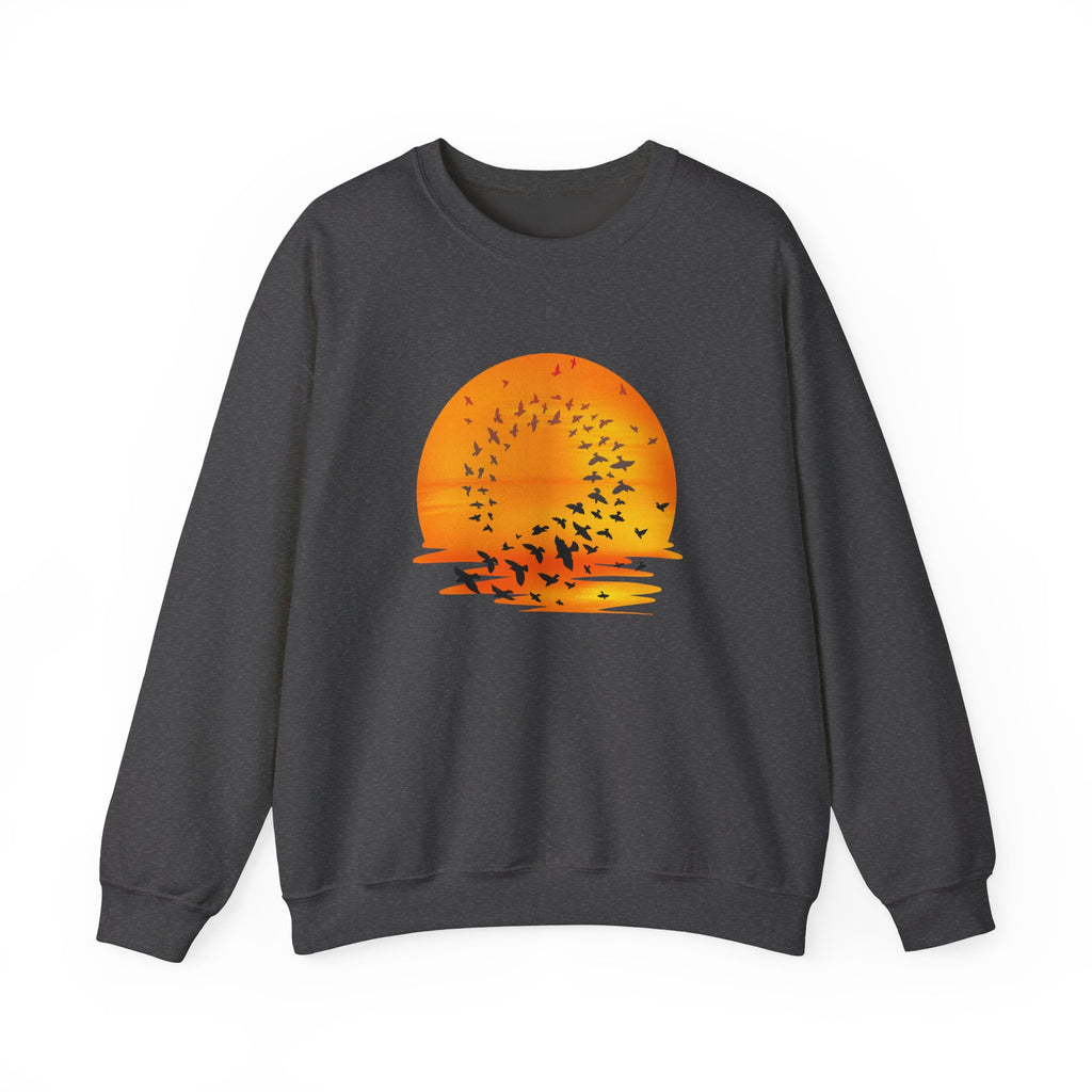 Gray sweatshirt with a sunset and bird design on a white background