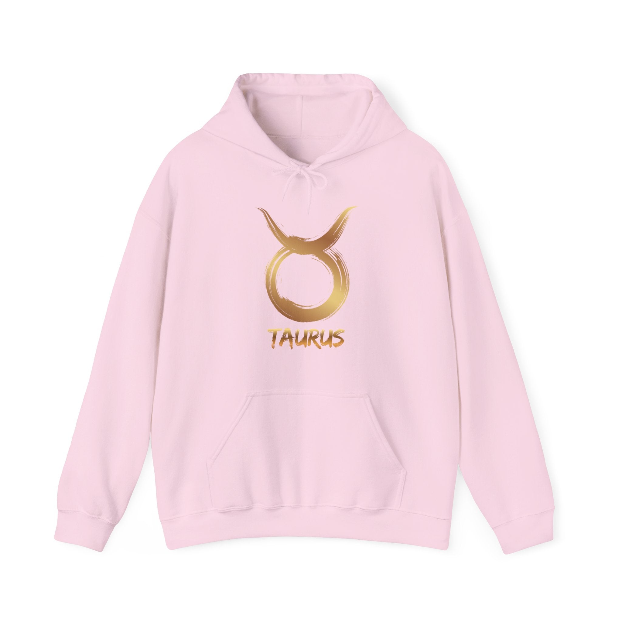 Pink hoodie with gold Taurus symbol and text on a white background