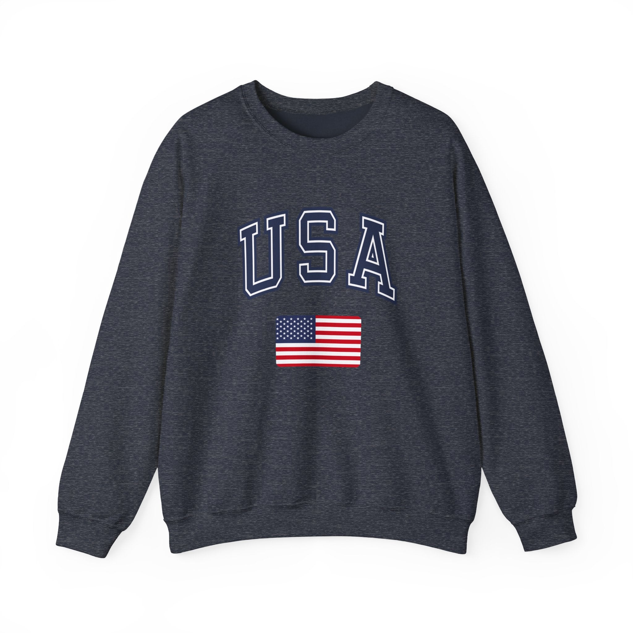 Dark navy sweatshirt with 'USA' and American flag on a white background