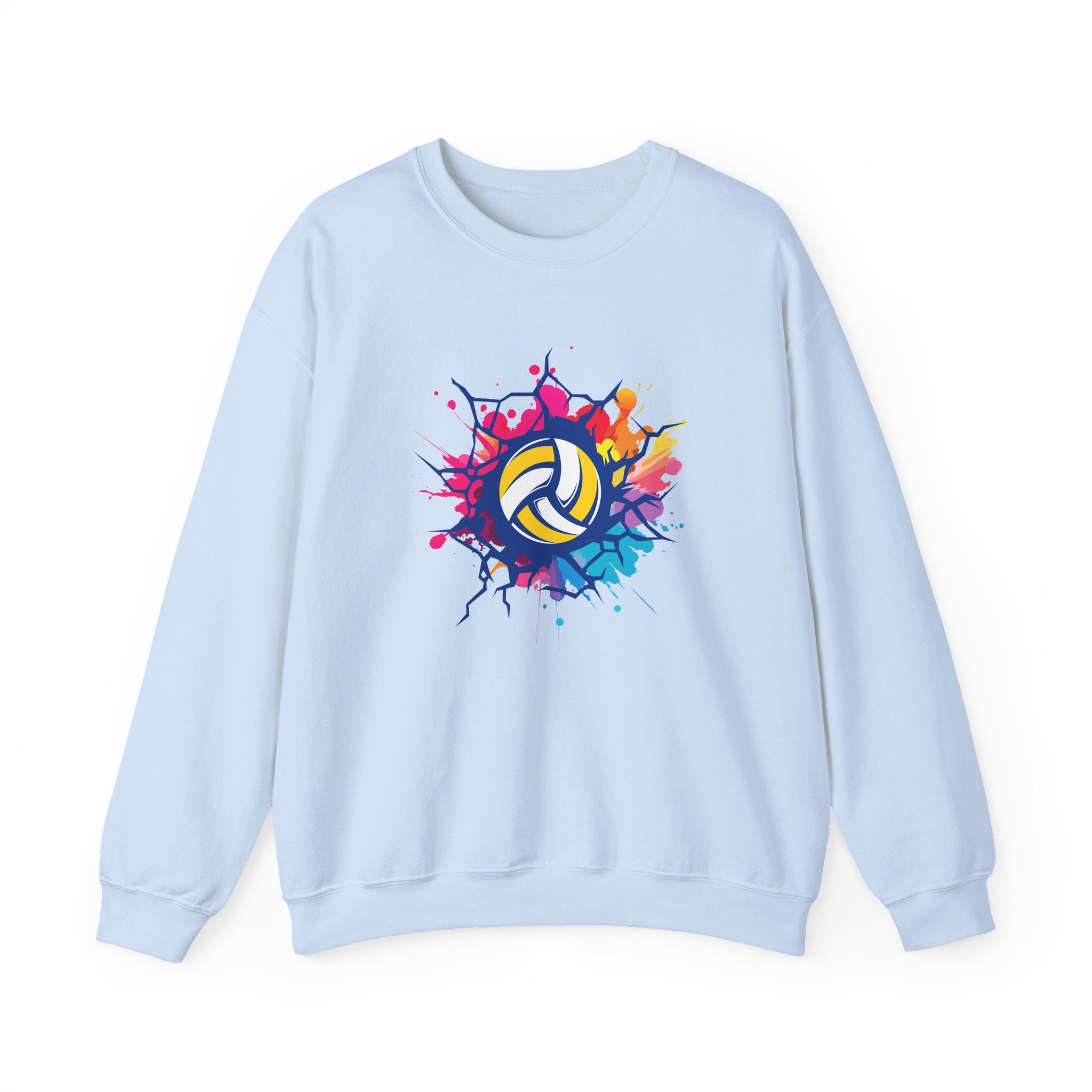 Light blue sweatshirt with colorful volleyball design on a white background