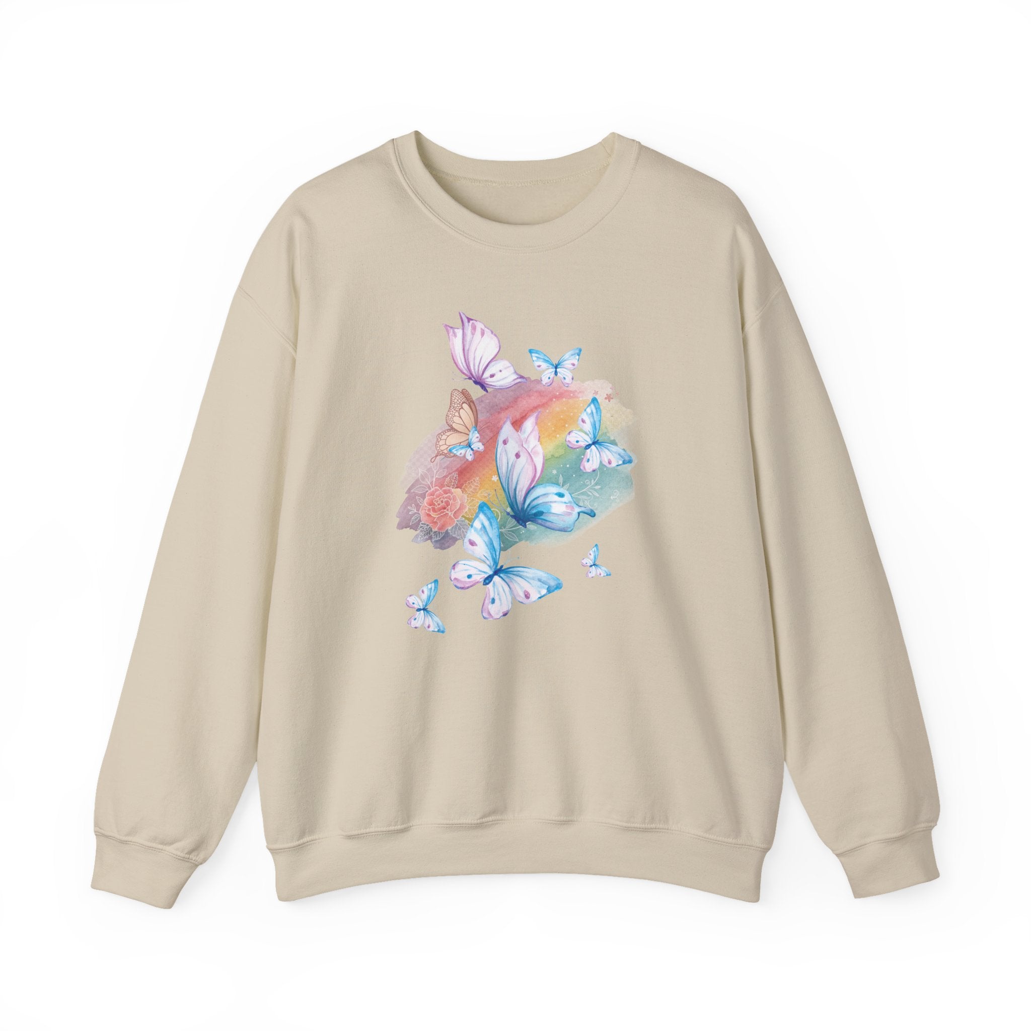 Beige sweatshirt with colorful butterfly design on a white background