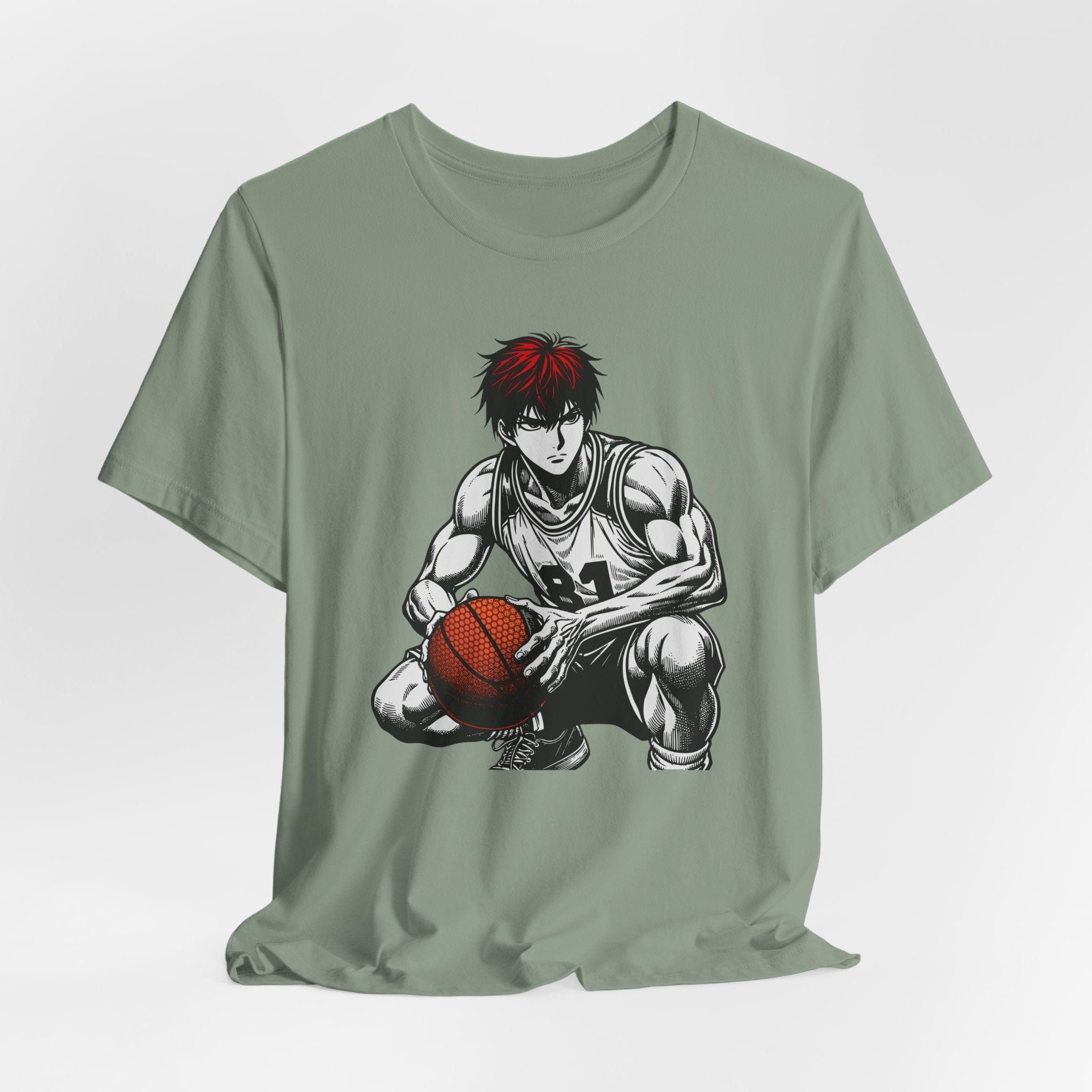 Green t-shirt with a graphic of a basketball player on a white background