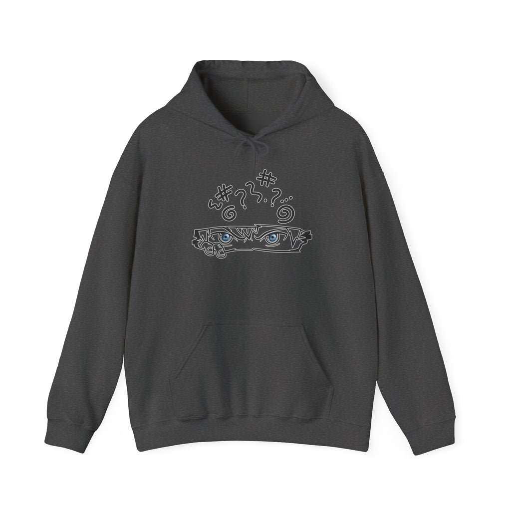 Dark gray hoodie with a graphic anime design against a white background