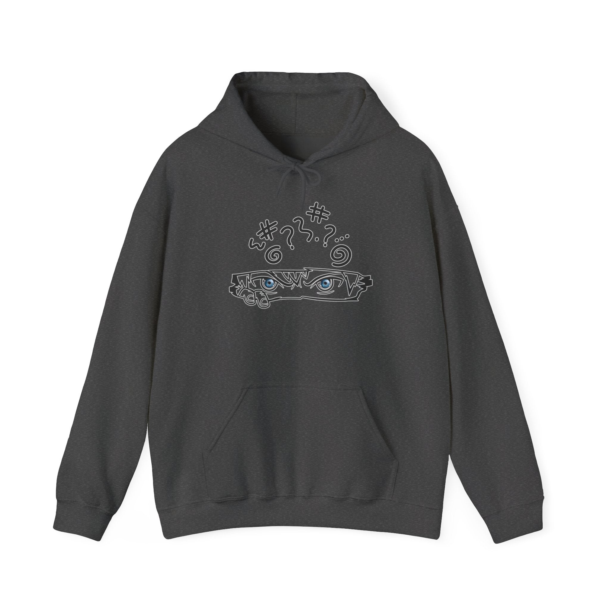 Dark gray hoodie with a graphic anime design against a white background