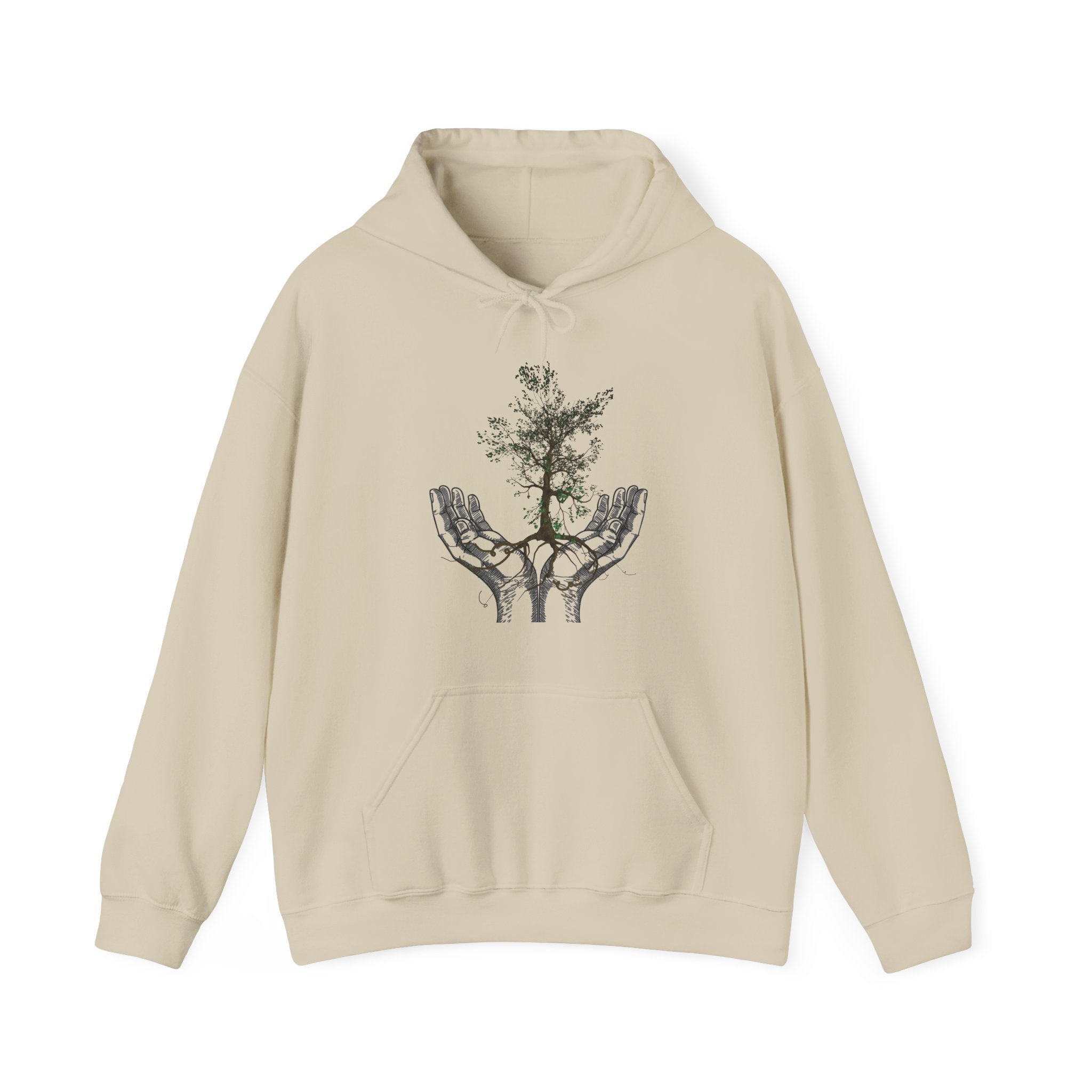Beige hoodie with a graphic of a tree and hand on a white background
