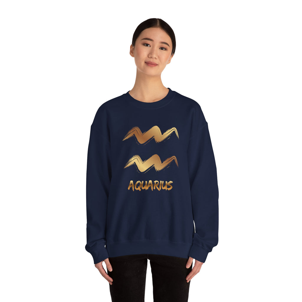 Person wearing a navy blue sweatshirt with Aquarius design and text on a white background