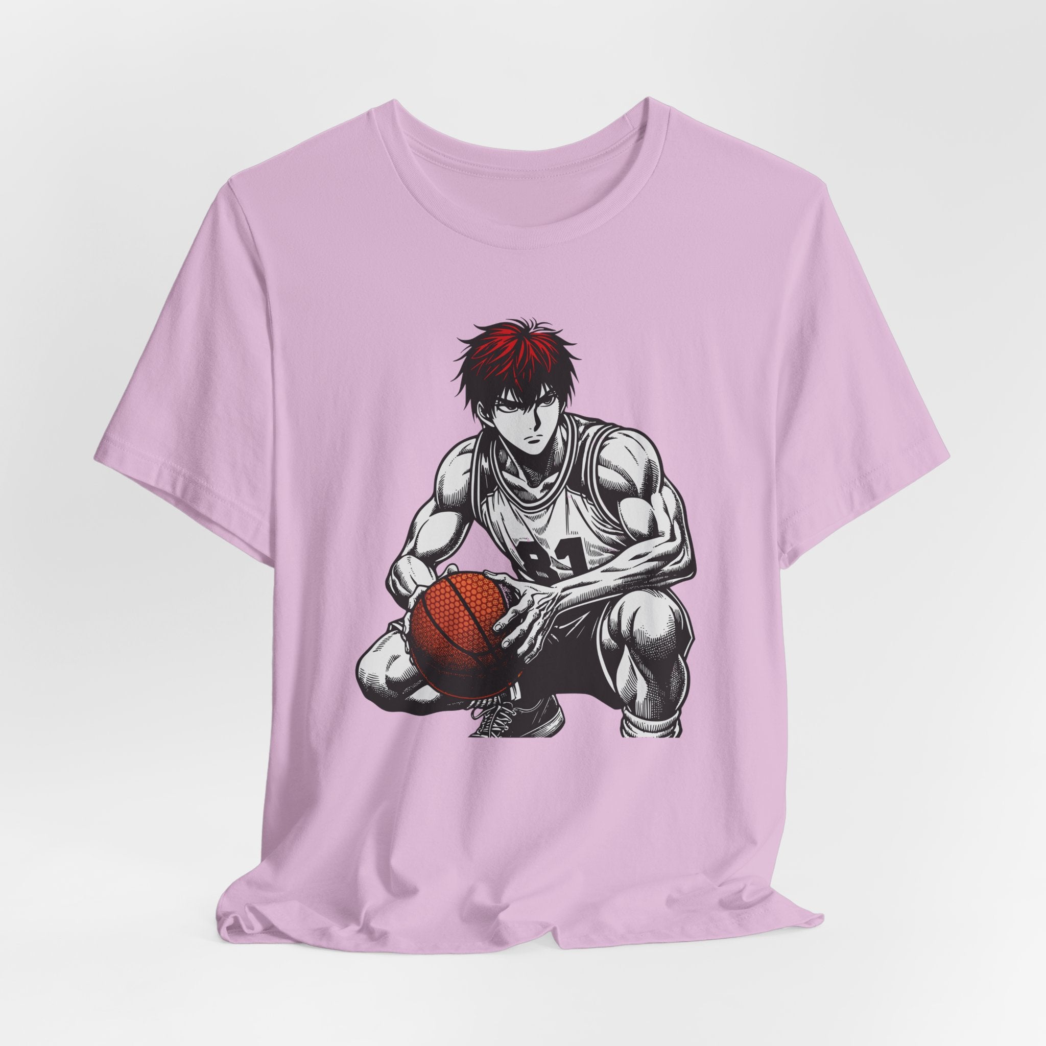Light purple t-shirt with an anime character holding a basketball on a light gray background