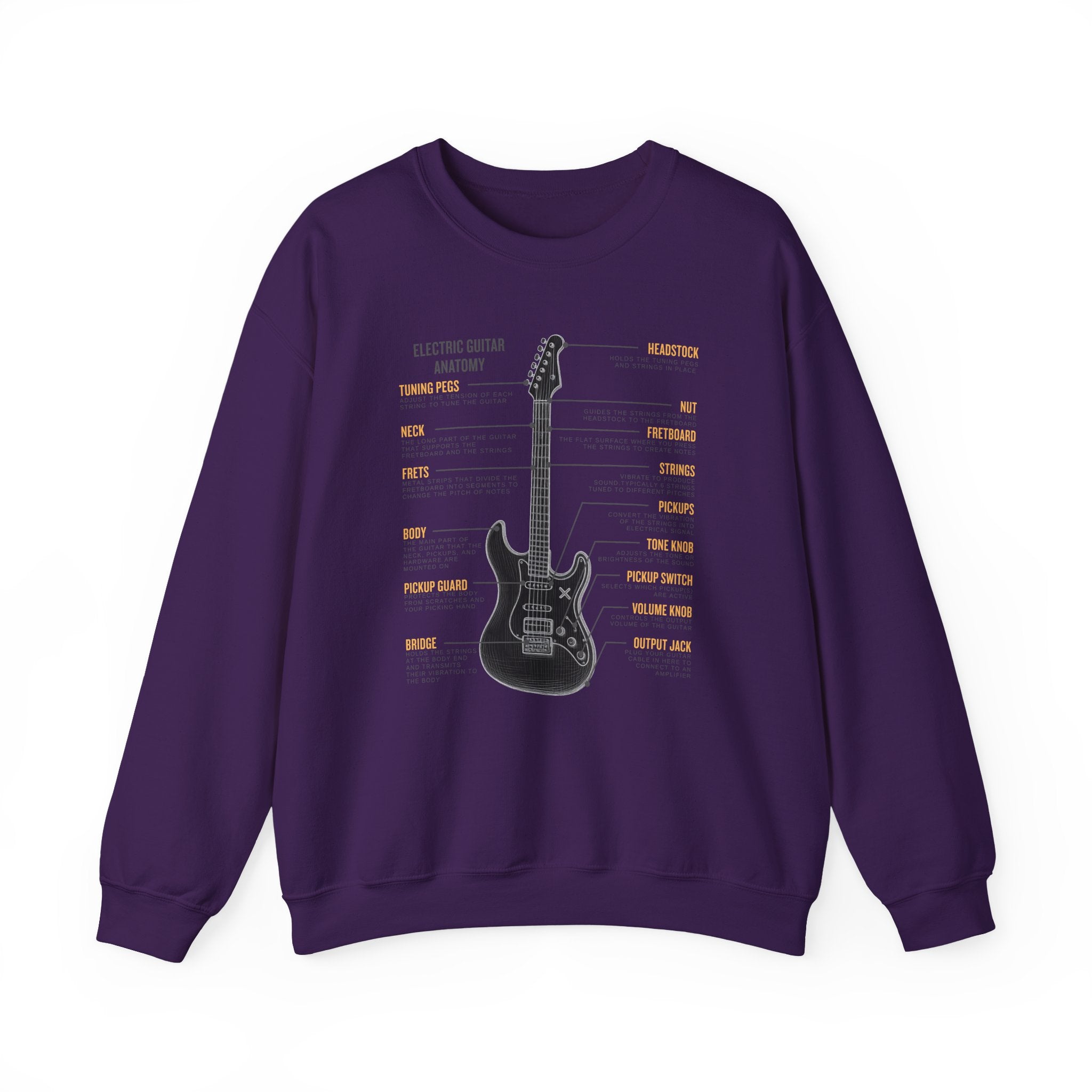 Purple sweatshirt with a graphic of an electric guitar and labeled parts on a white background