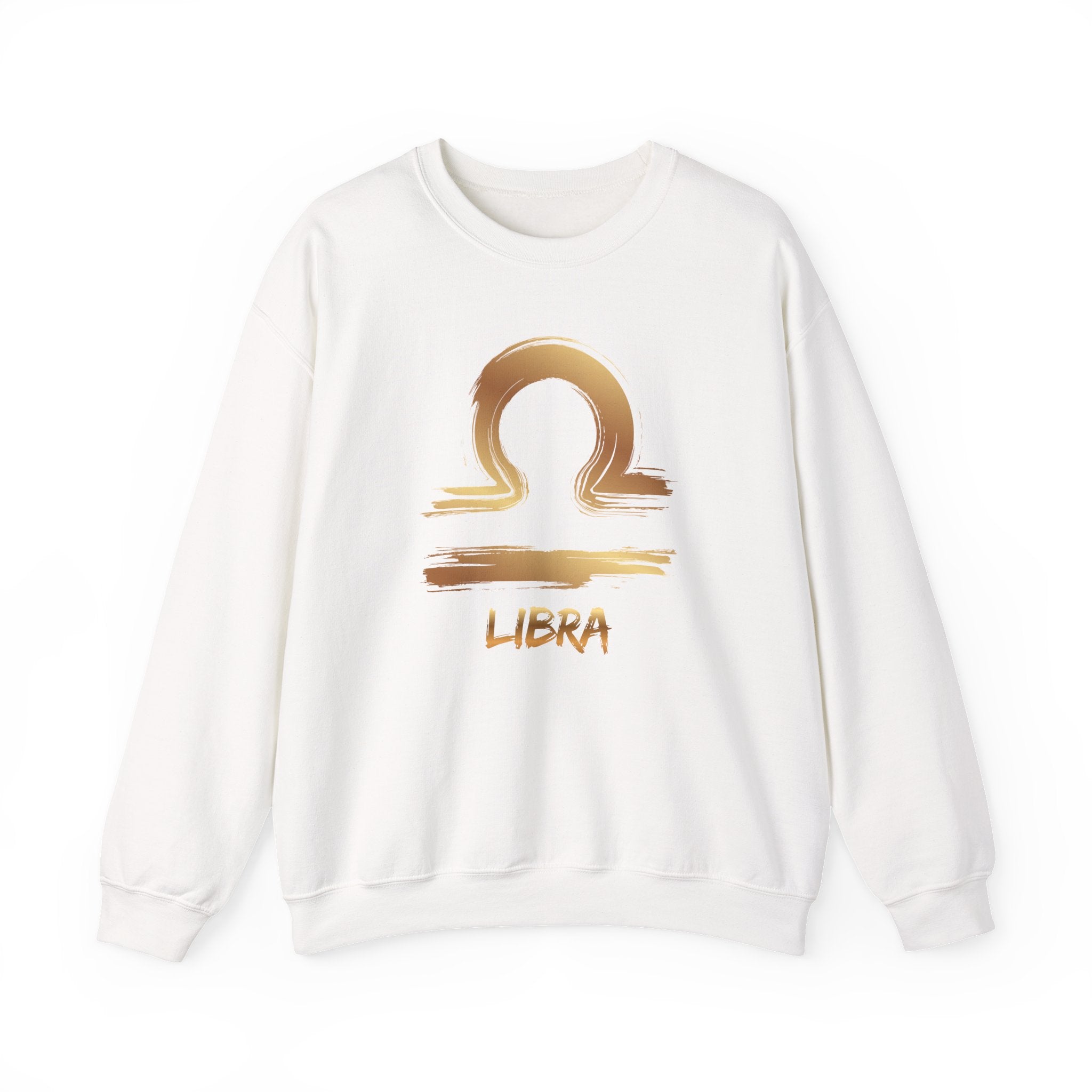 White sweatshirt with gold Libra zodiac symbol on a white background