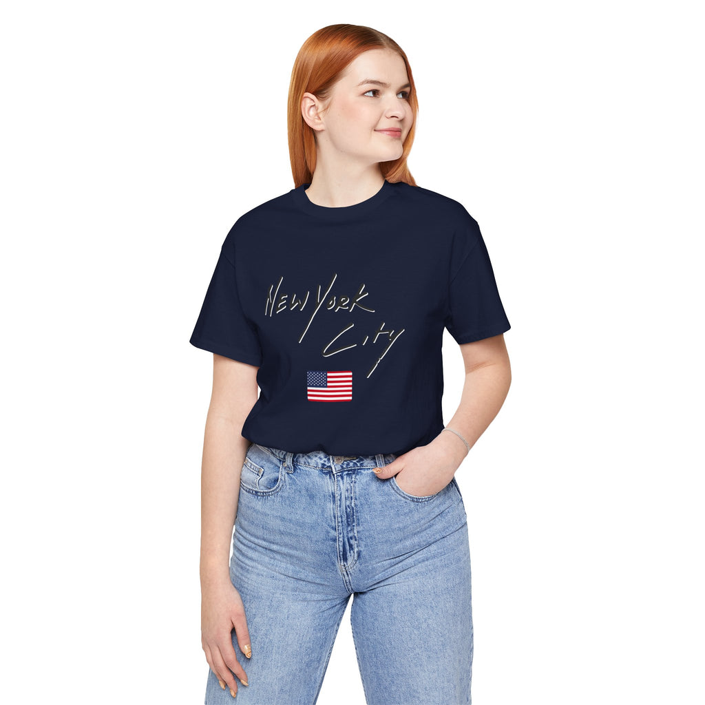 A woman wearing navy blue t-shirt with 'New York City' text and American flag on a white background