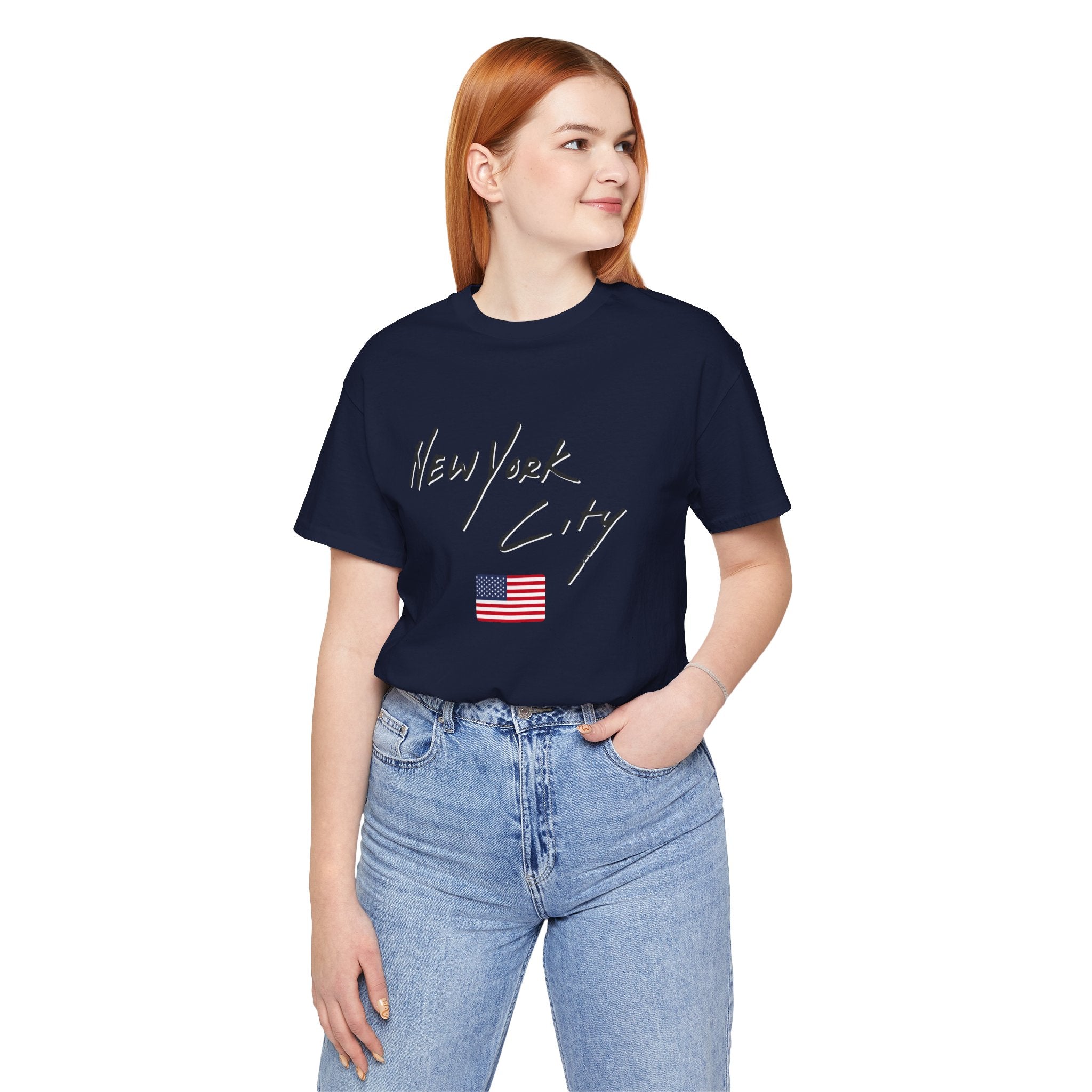 A woman wearing navy blue t-shirt with 'New York City' text and American flag on a white background