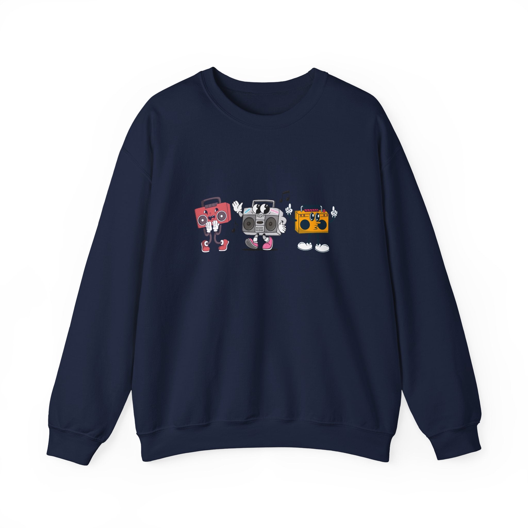 Navy blue sweatshirt with cartoon graphic of three vintage-style cars on a white background