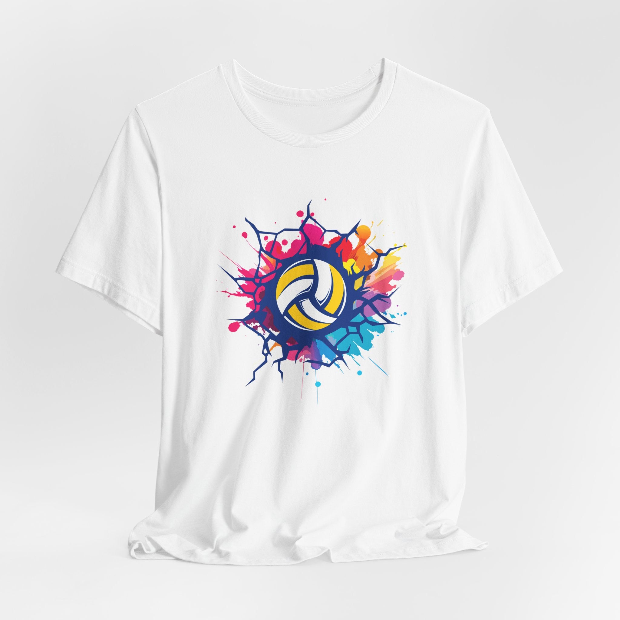 White t-shirt with a colorful volleyball graphic on a white background