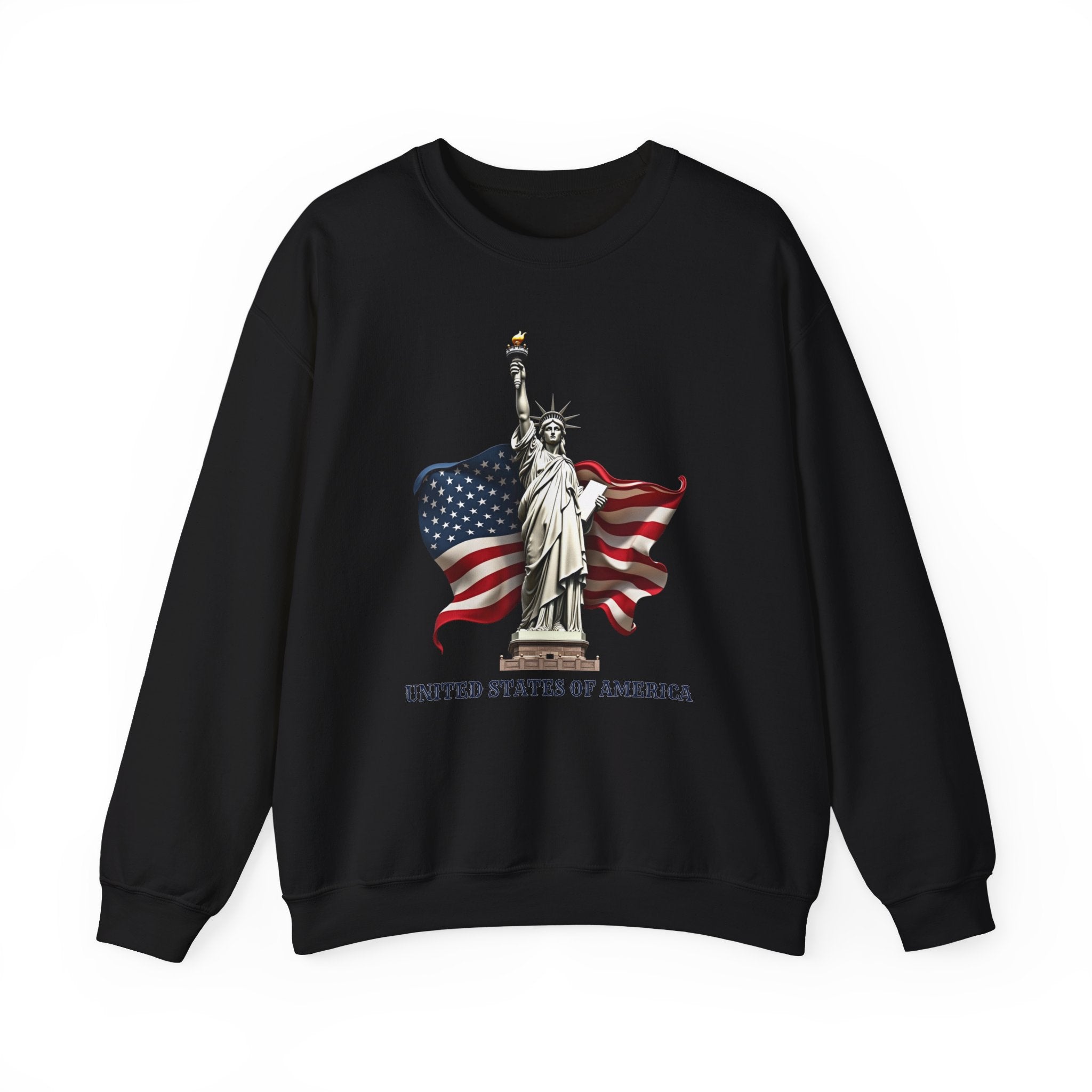 Black sweatshirt with Statue of Liberty and American flag design on a white background