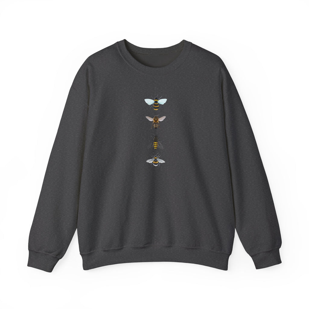 Dark gray sweatshirt with bee illustrations on a white background