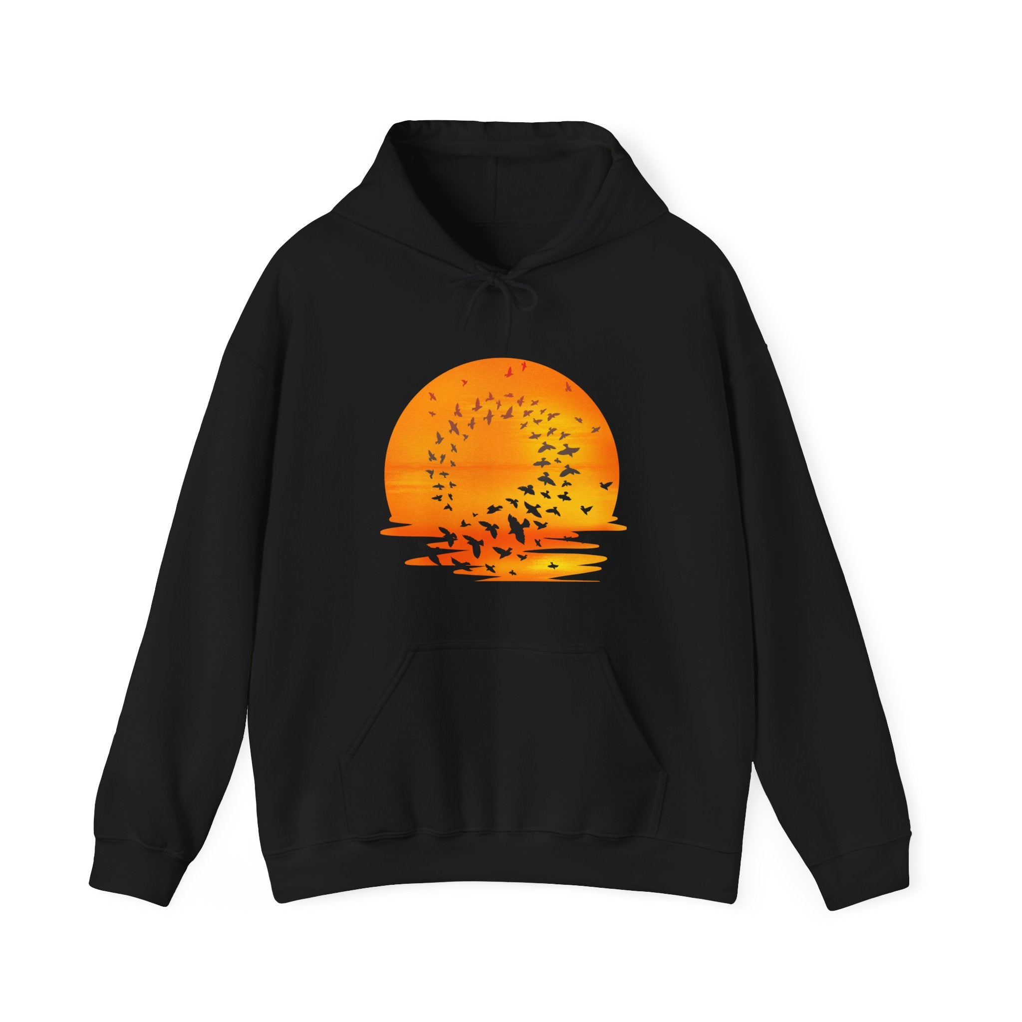 Black hoodie with a sunset and bird design on a white background