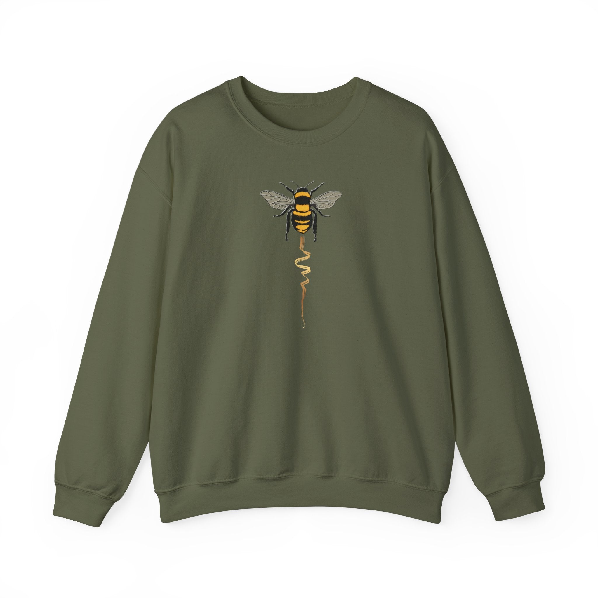Green sweatshirt with a bee graphic on a white background