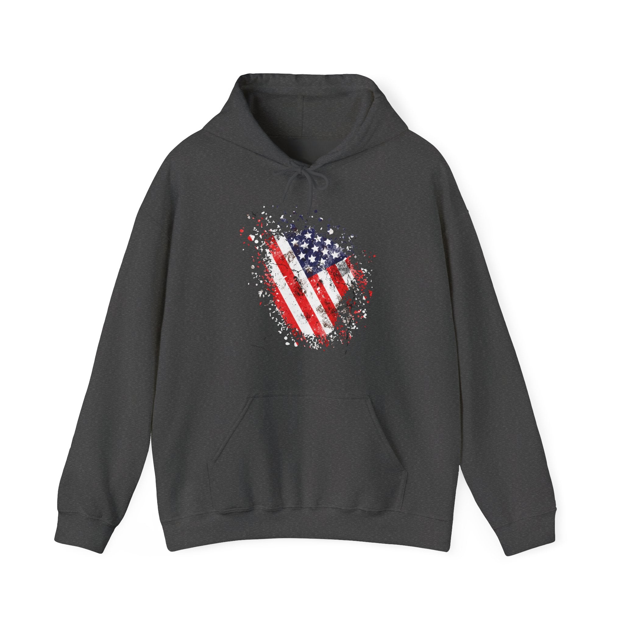 Gray hoodie with vintage American flag design on a white background