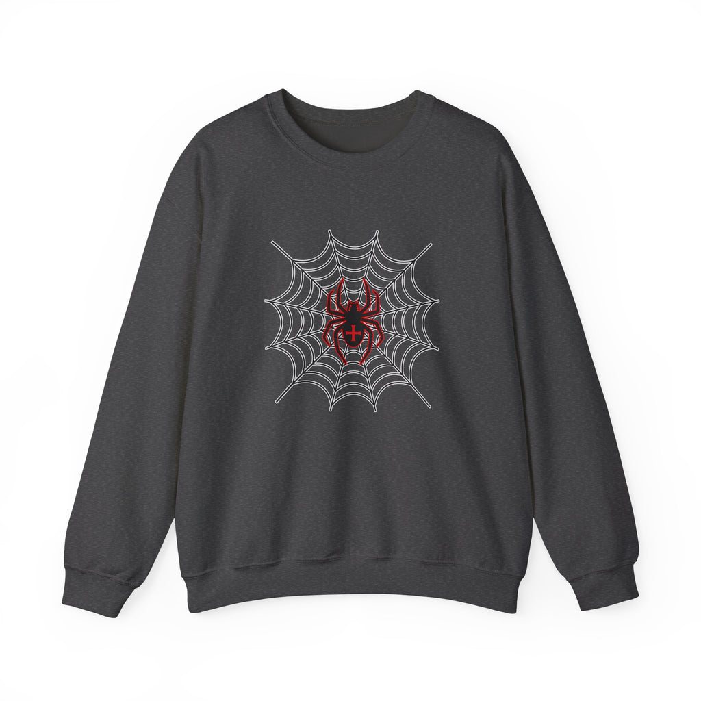 Dark gray sweatshirt with spider web and red spider design on a white background