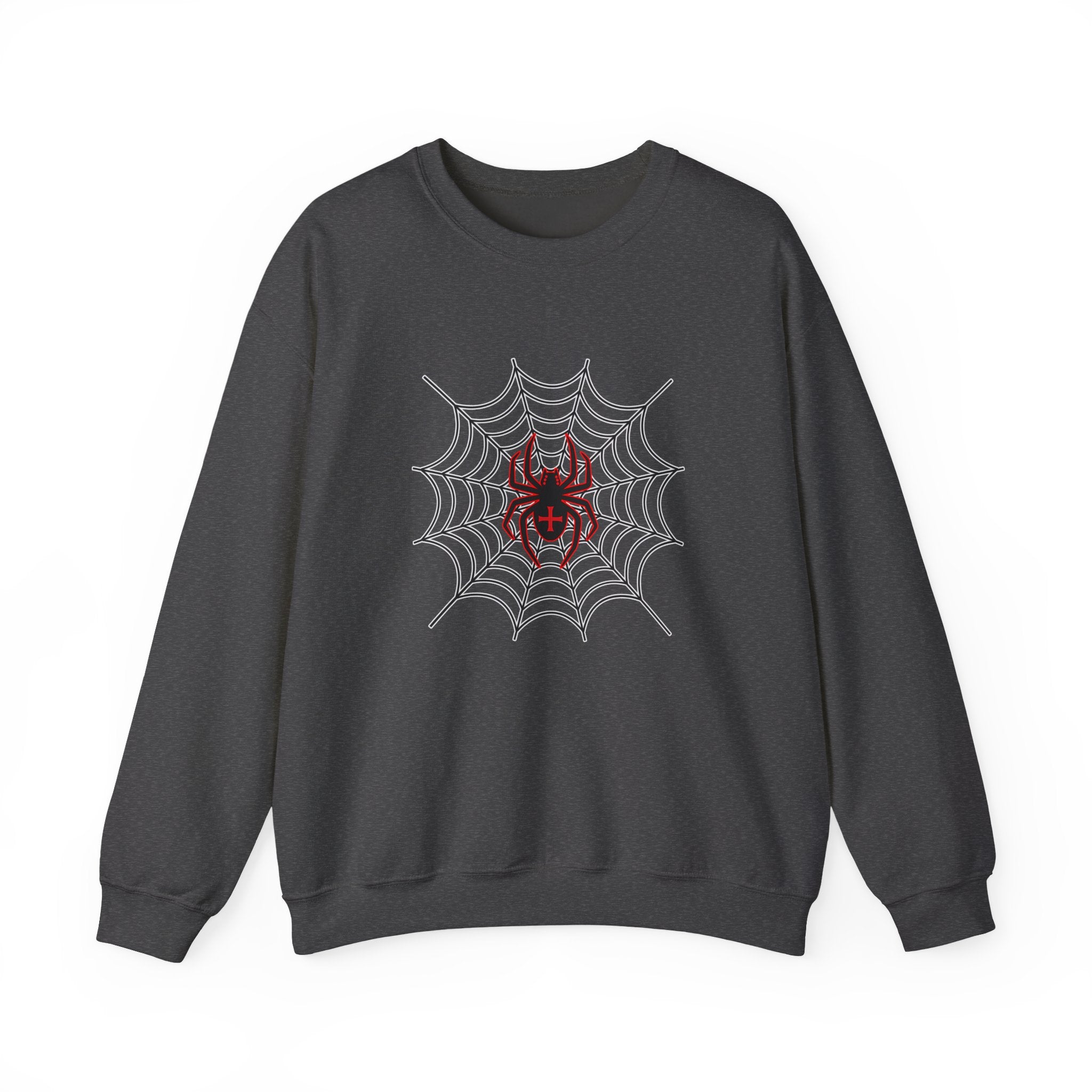 Dark gray sweatshirt with spider web and red spider design on a white background