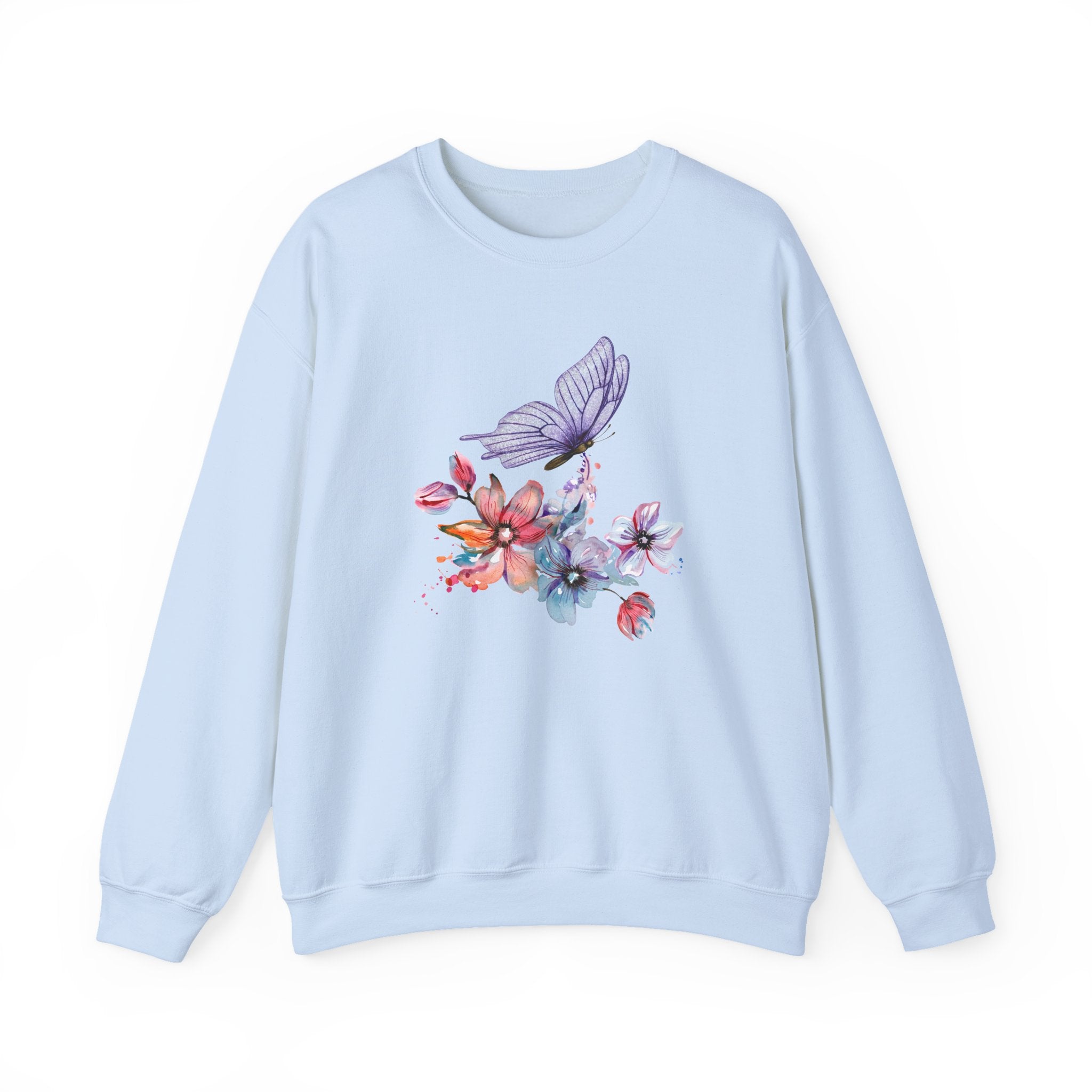 Light blue sweatshirt with floral and butterfly design on a white background
