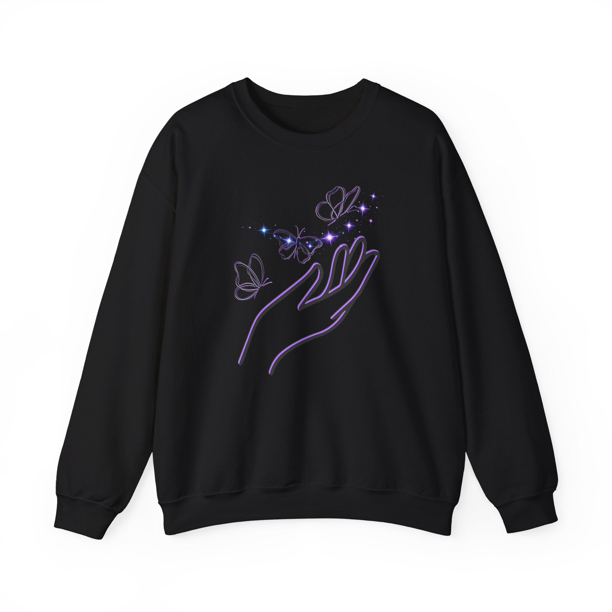 Black sweatshirt with a hand and butterfly design on a white background