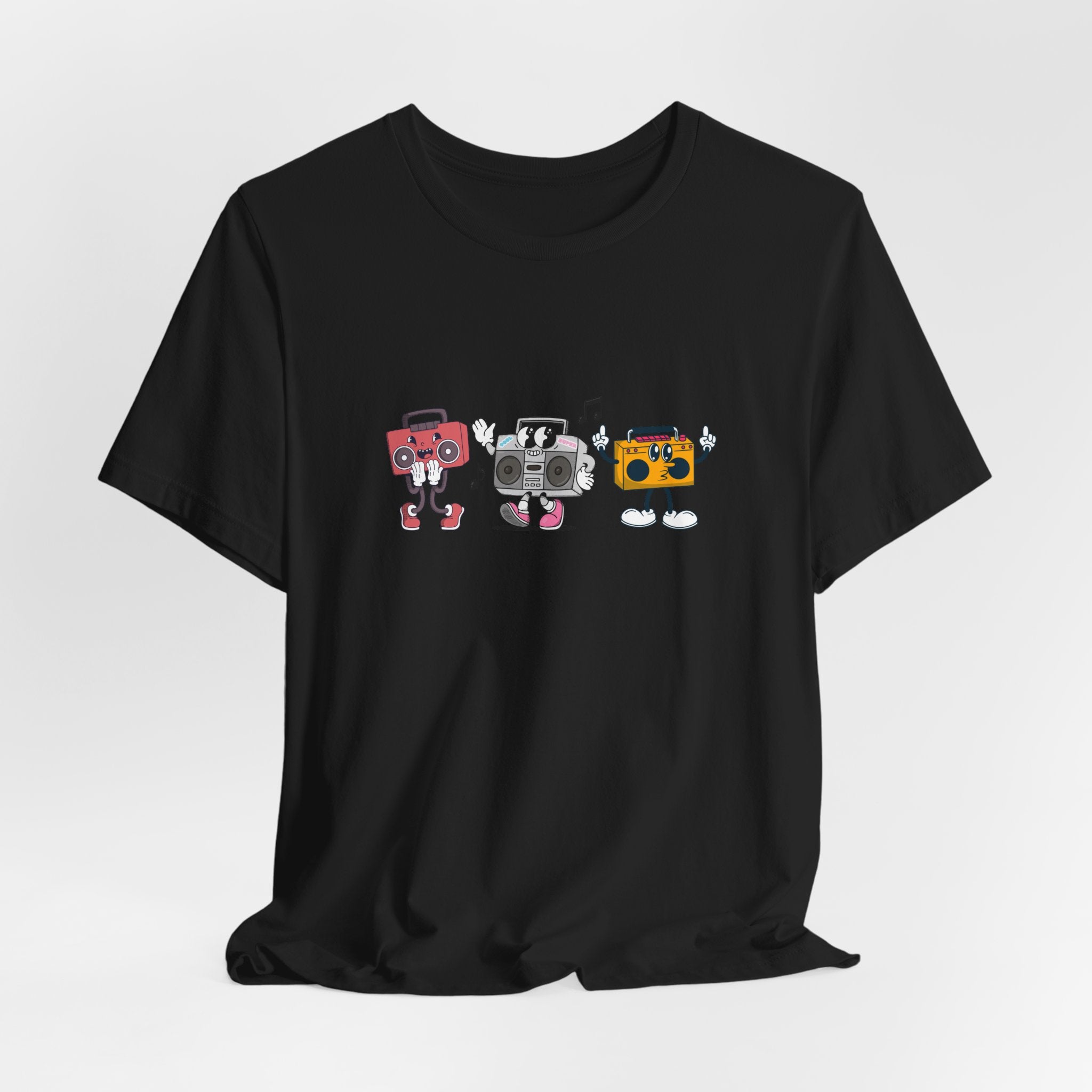 Black t-shirt with cartoon-style boomboxes on a white background