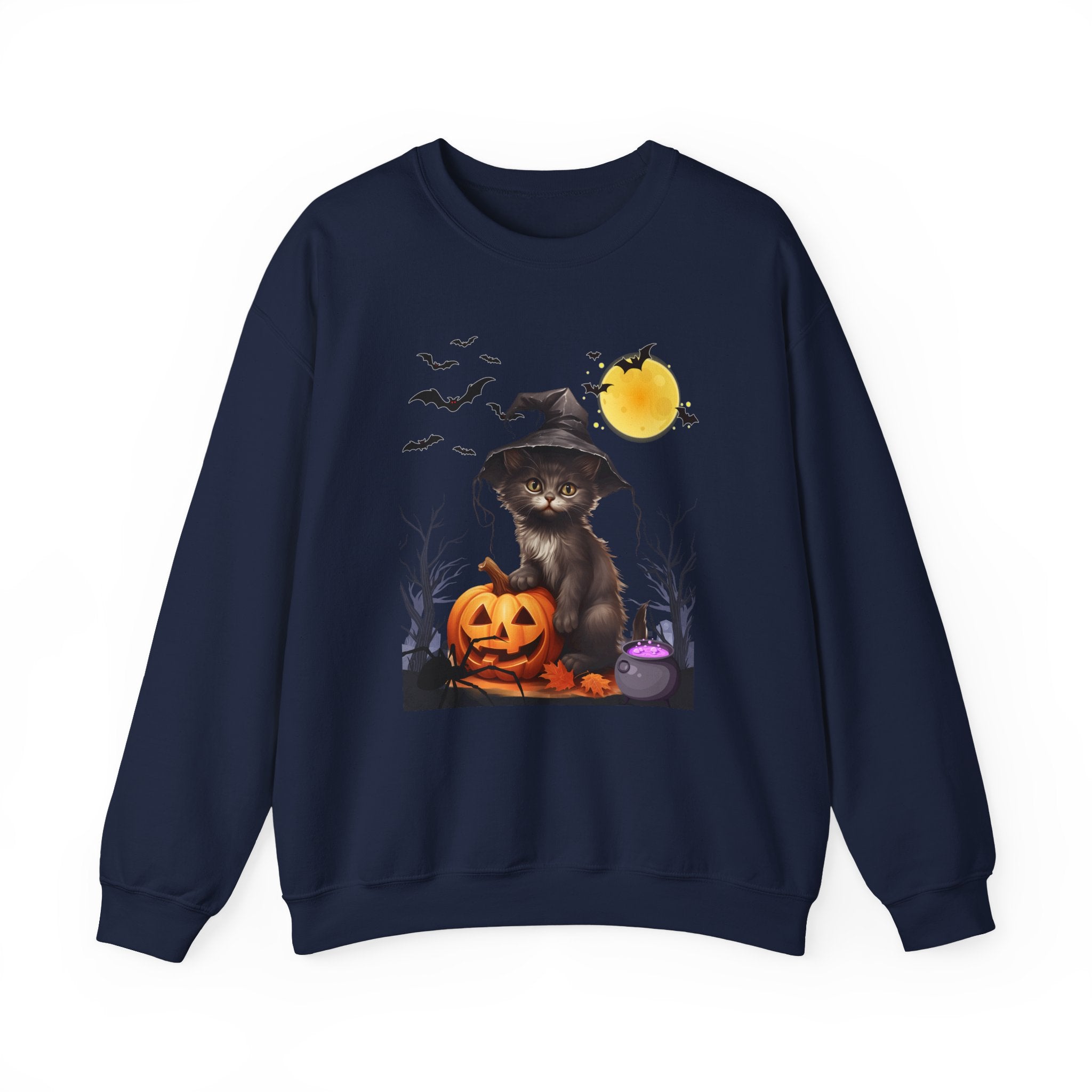 Navy blue sweatshirt with a Halloween-themed design featuring a cat and pumpkin.