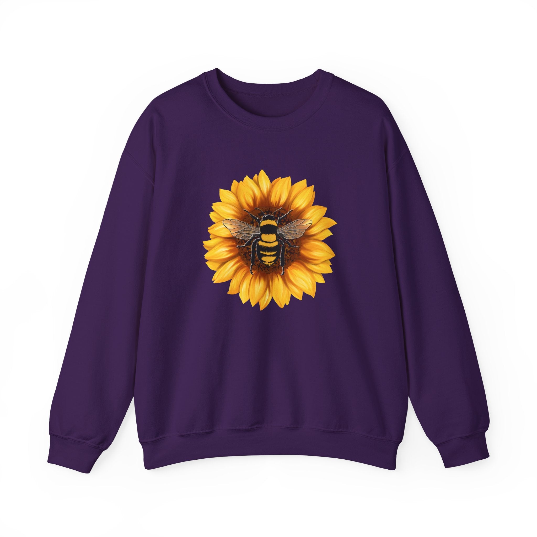 Purple sweatshirt with a sunflower and bee design on a white background
