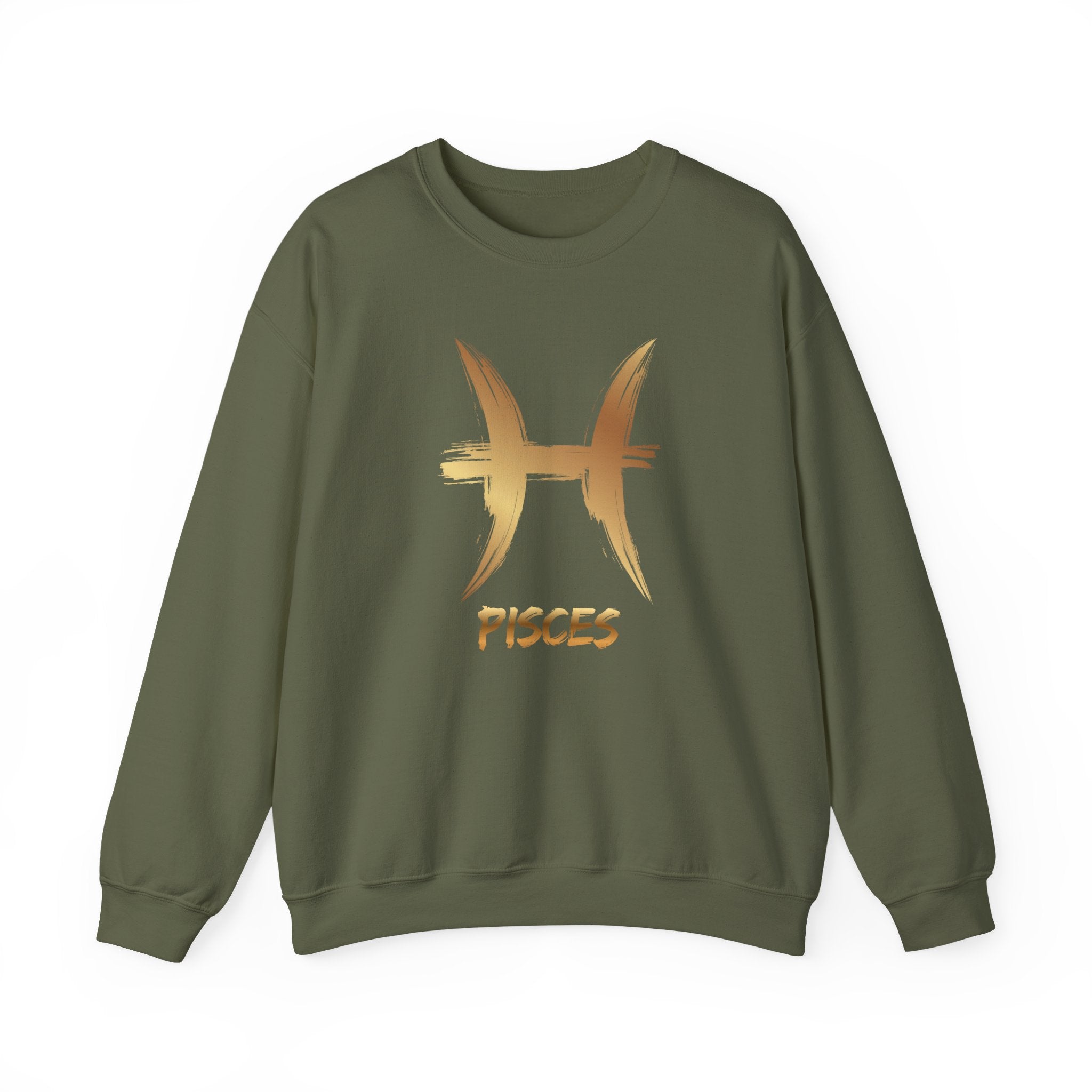 Green sweatshirt with gold Pisces symbol and text on a white background