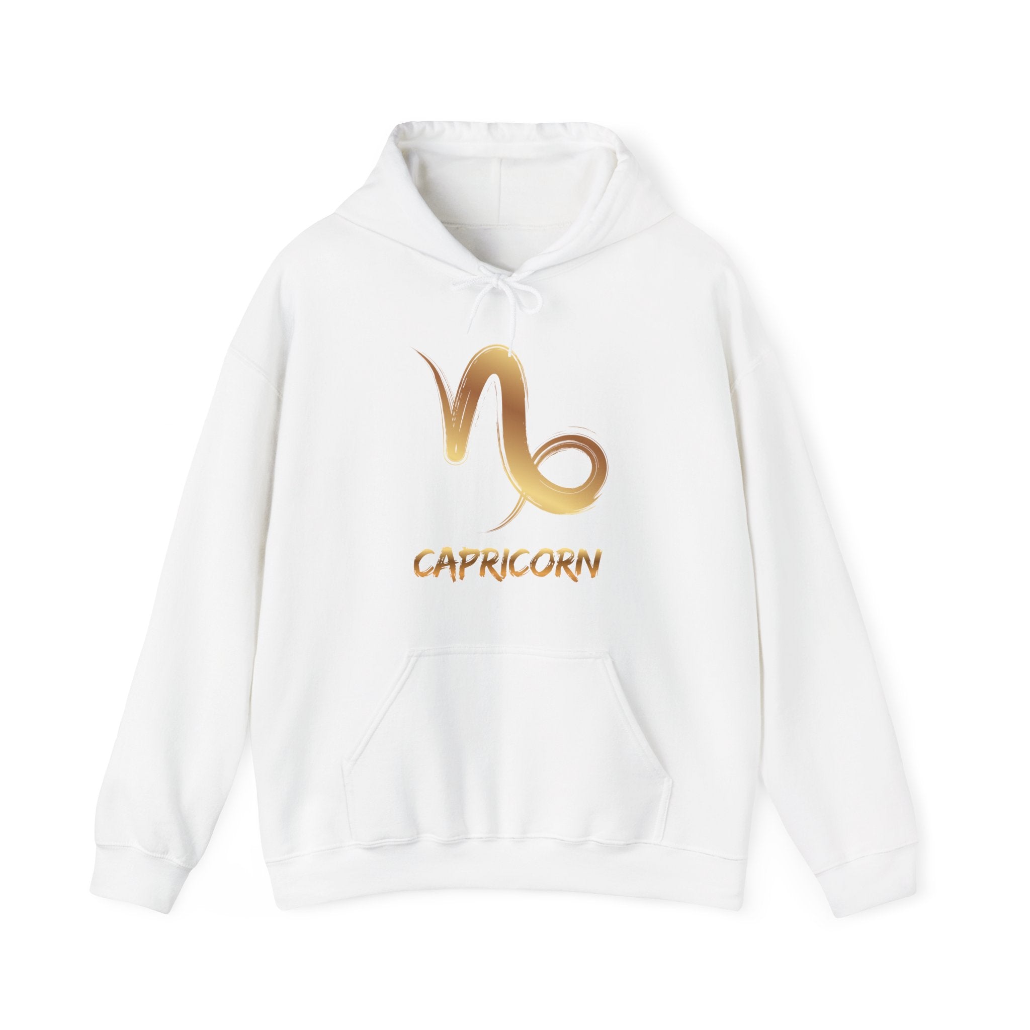 White hoodie with gold Capricorn zodiac symbol on a white background