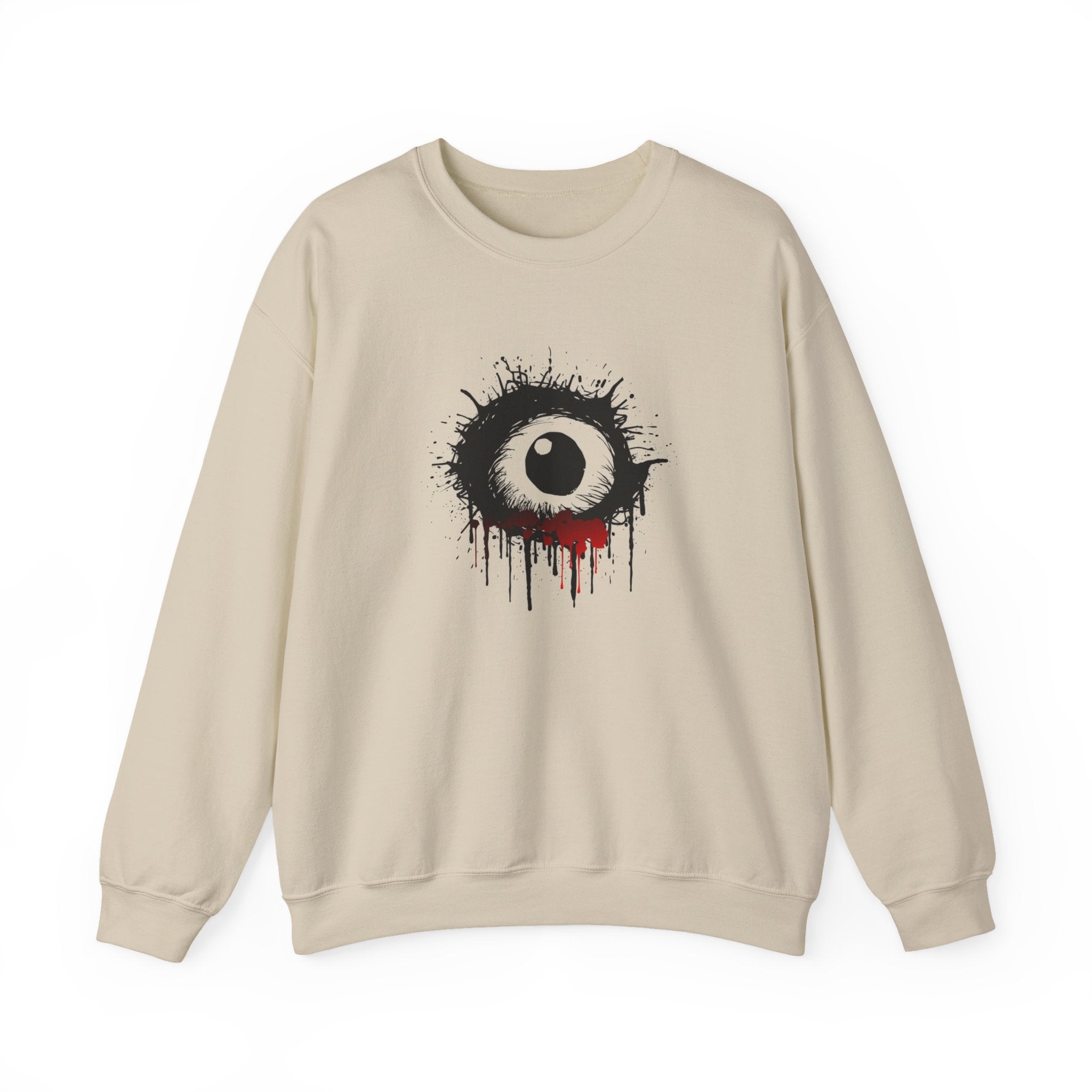 Beige sweatshirt with a black and white eye design on a white background