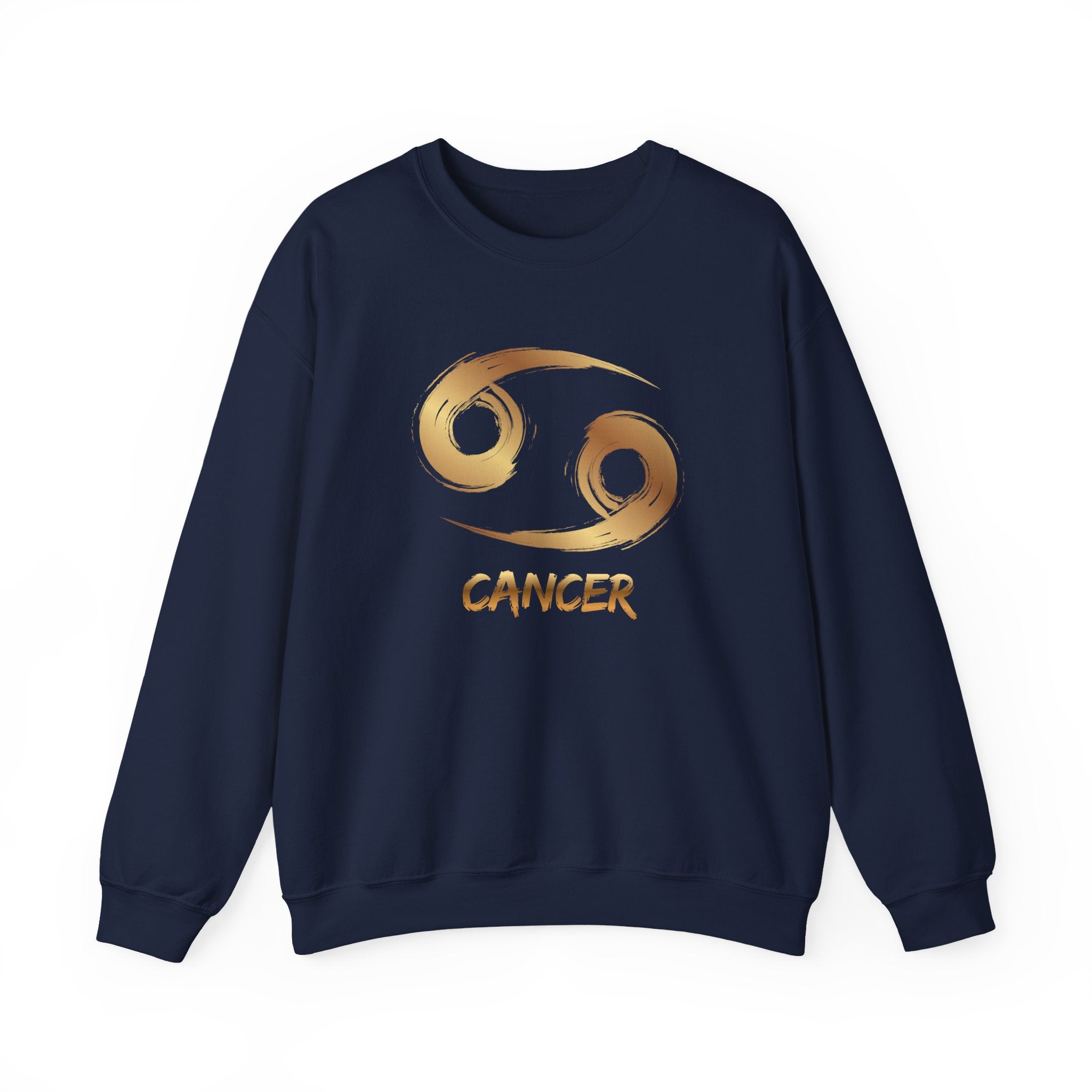 Navy blue sweatshirt with gold Cancer zodiac symbol on a white background