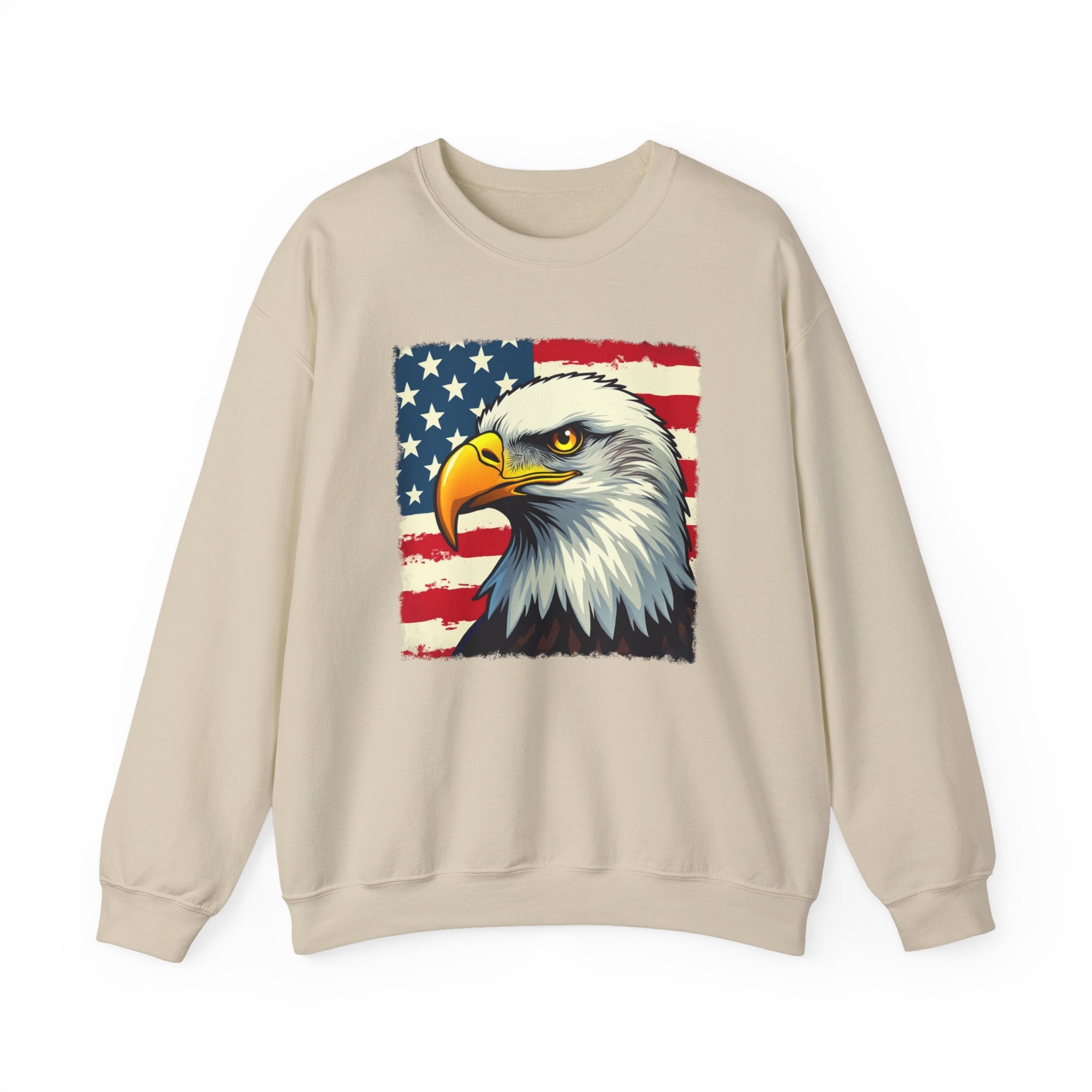 Beige sweatshirt with an eagle and American flag design on a white background