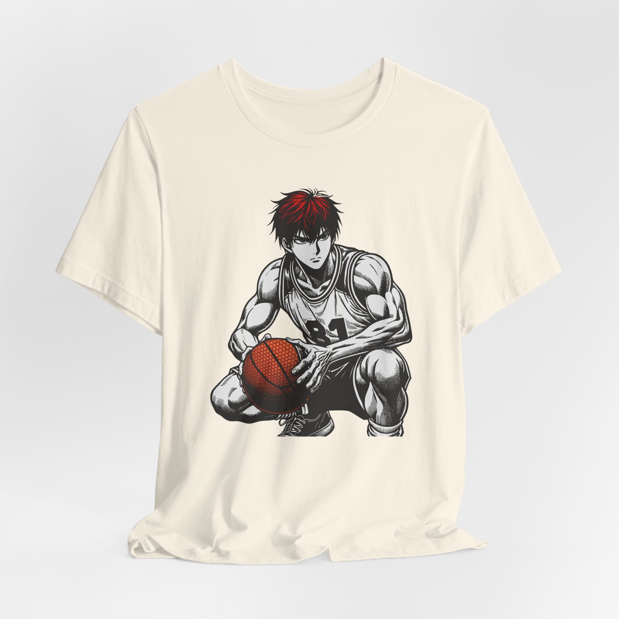 Beige t-shirt with a graphic of a basketball player holding a ball on a light gray background
