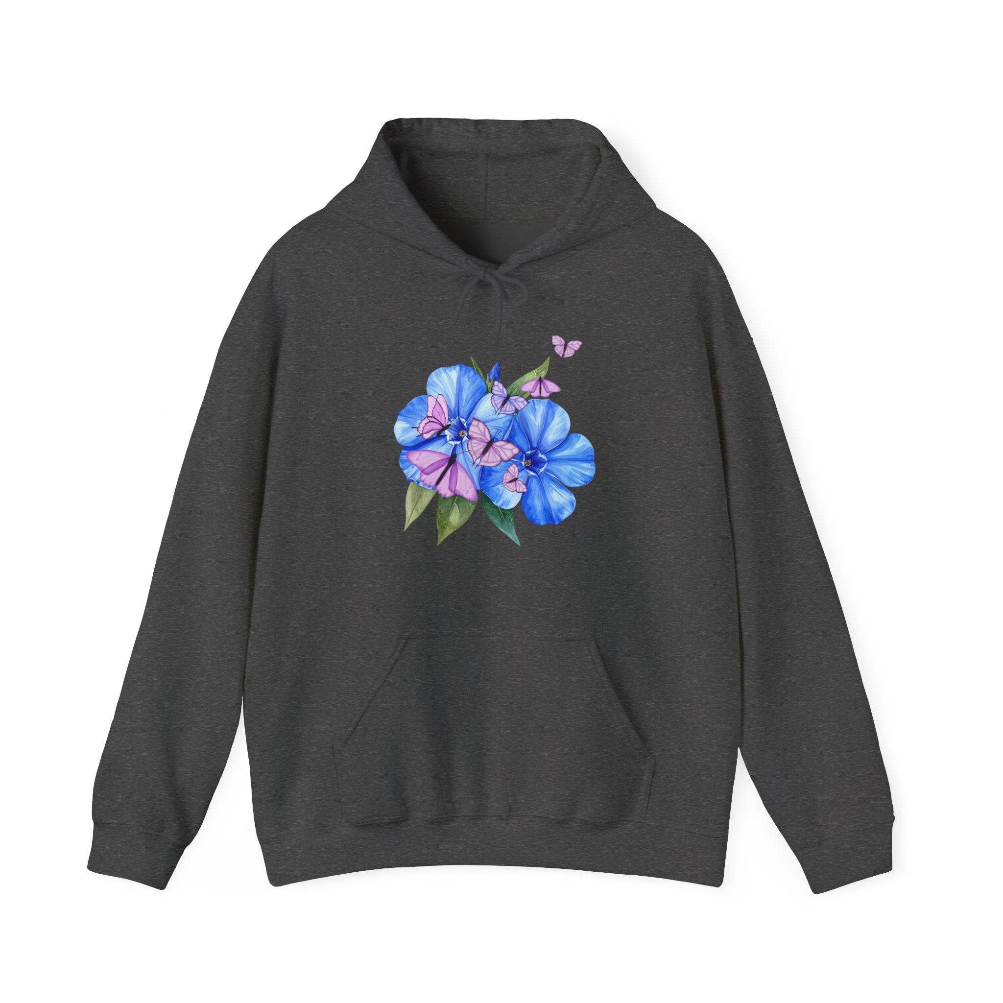 Dark gray hoodie with a sunflower and butterfly design on a white background