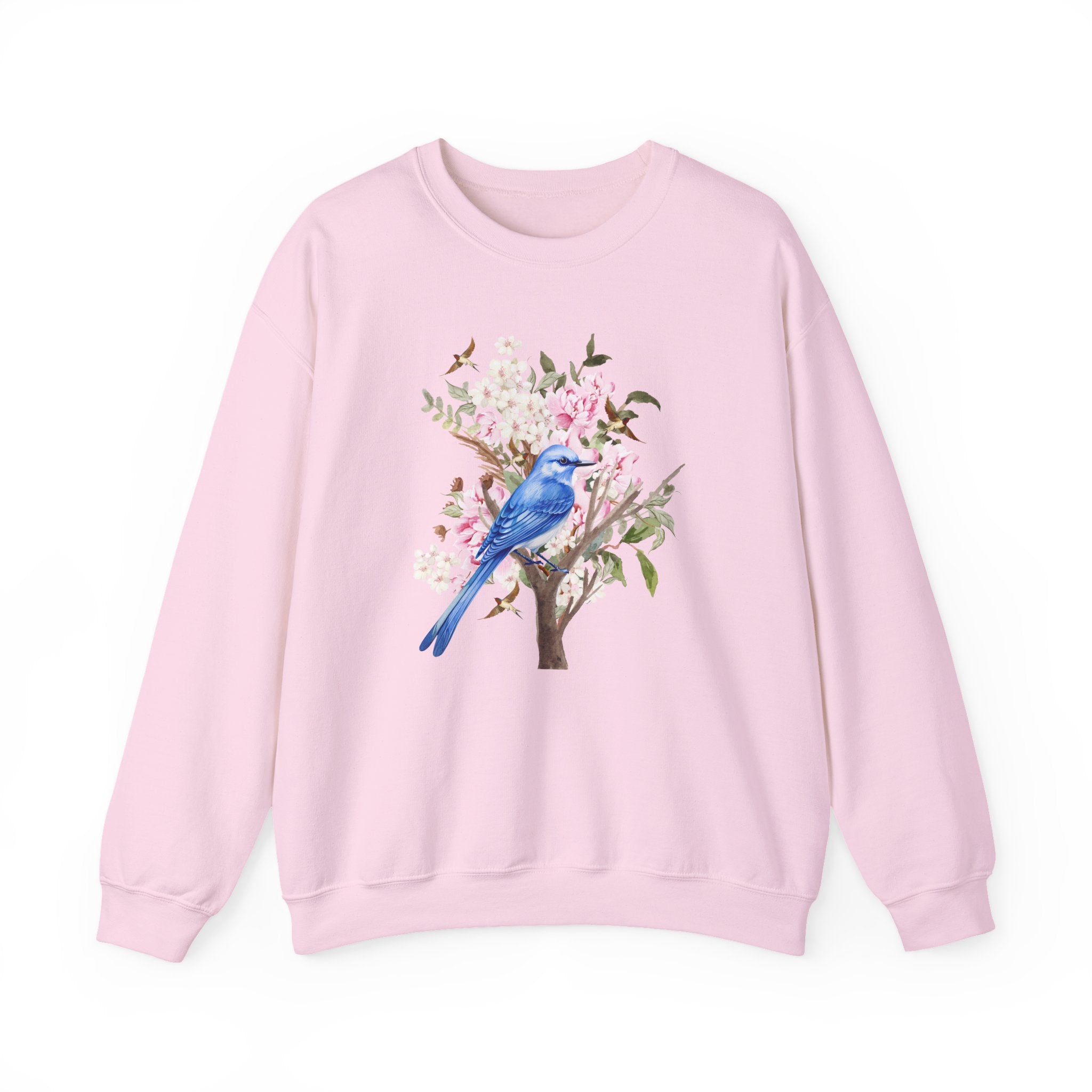 Pink sweatshirt with a blue bird and floral design on a white background