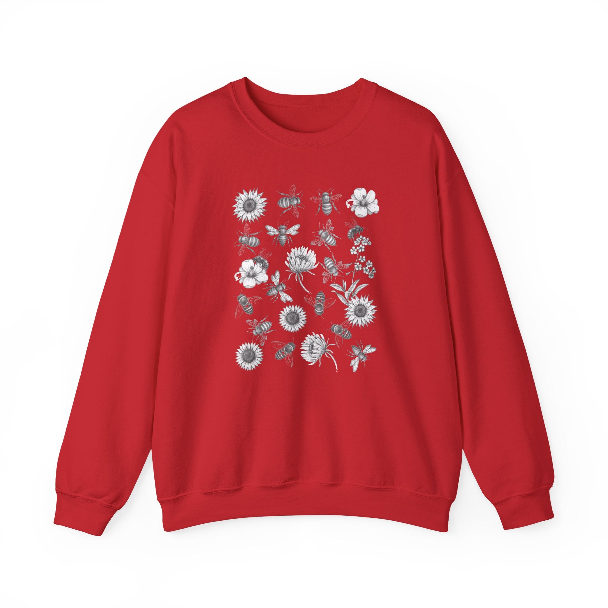 Red sweatshirt with bee and flower pattern on a white background