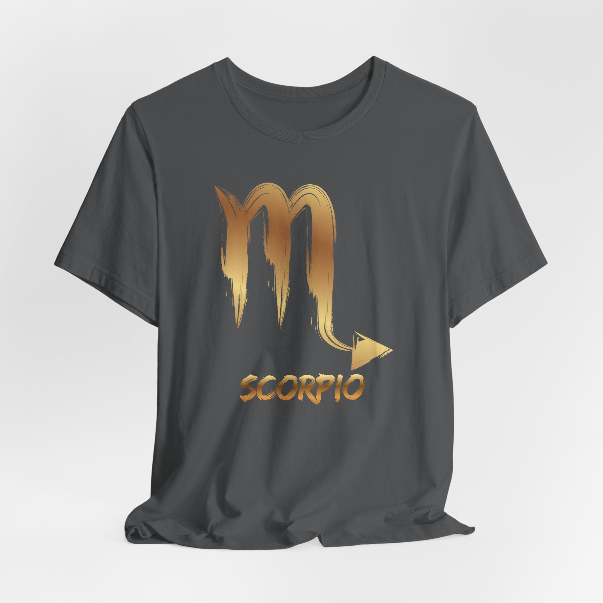 Black t-shirt with gold Scorpio zodiac symbol on a white background