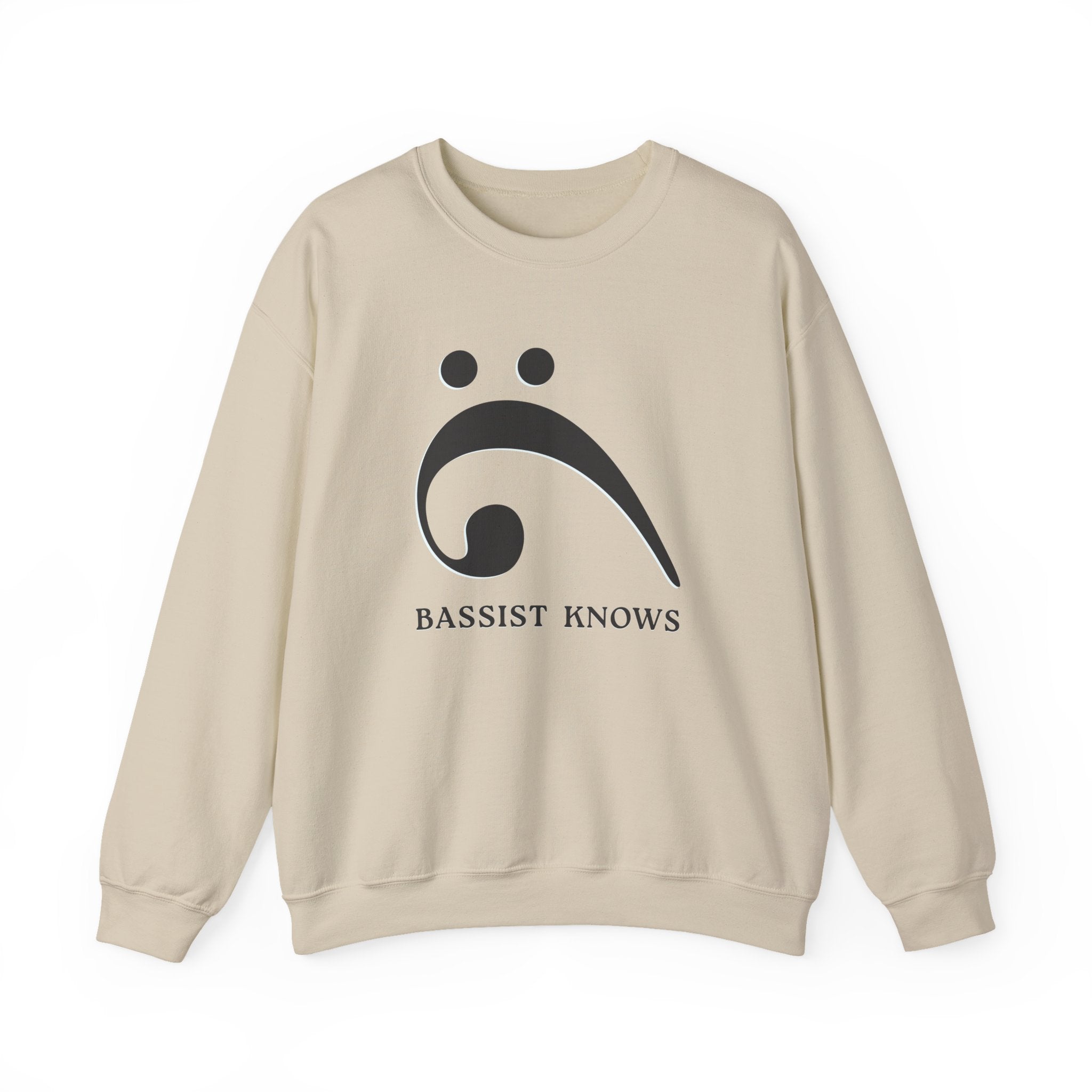 Beige sweatshirt with a black bass clef graphic and "Bassist Knows" text on a white background