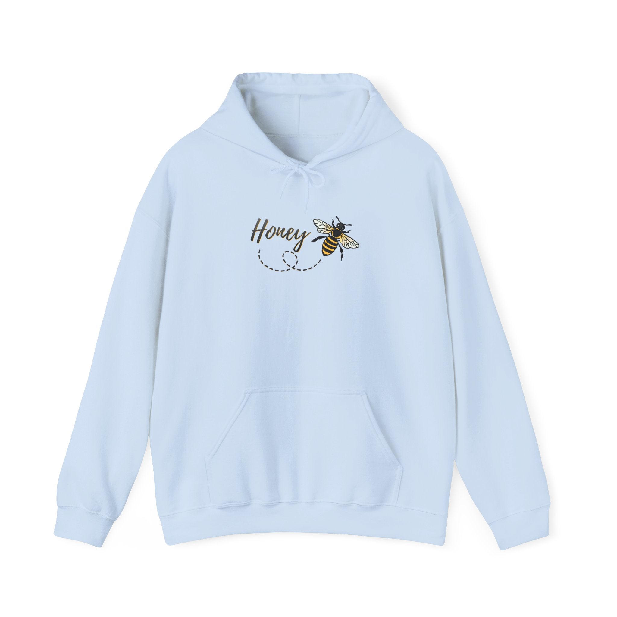 Light blue hoodie with honey bee animal & text "Honey" on a white background