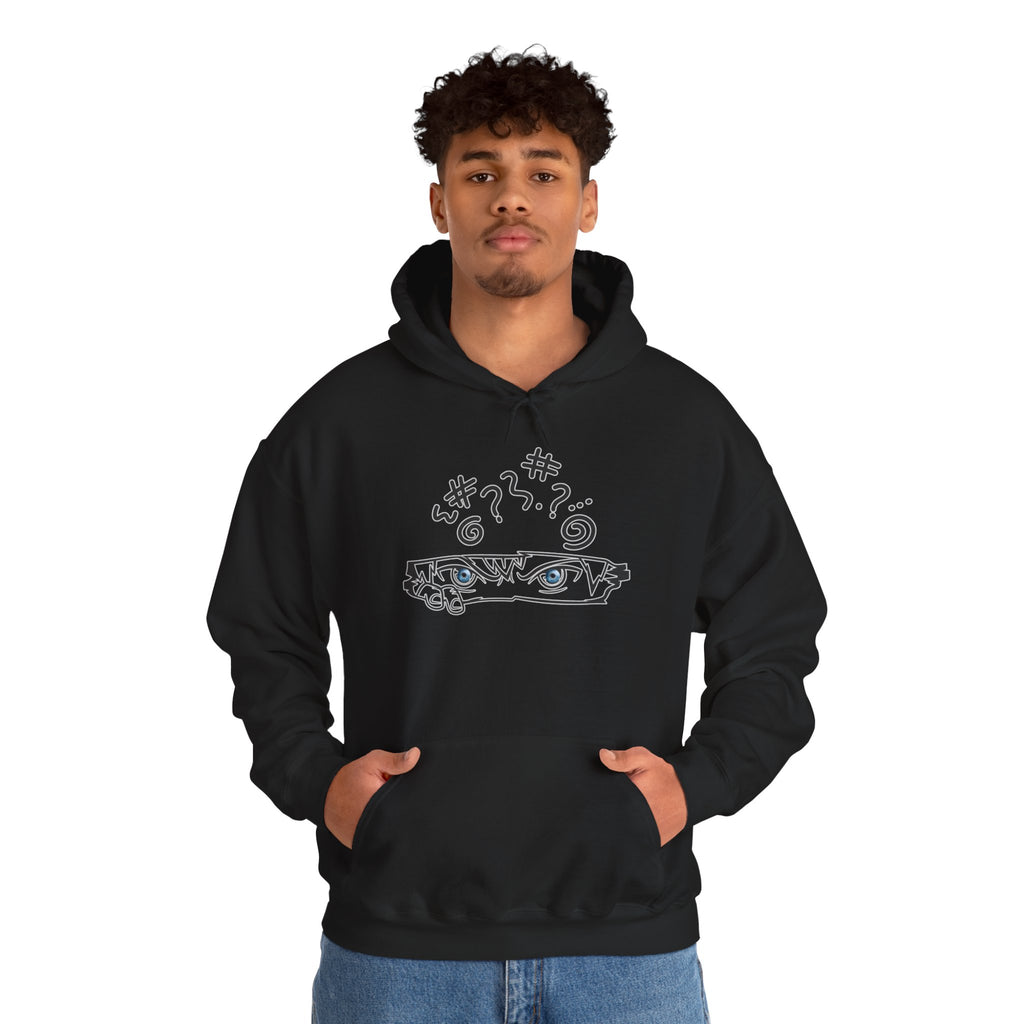 Person wearing a black hoodie with a graphic design on a white background
