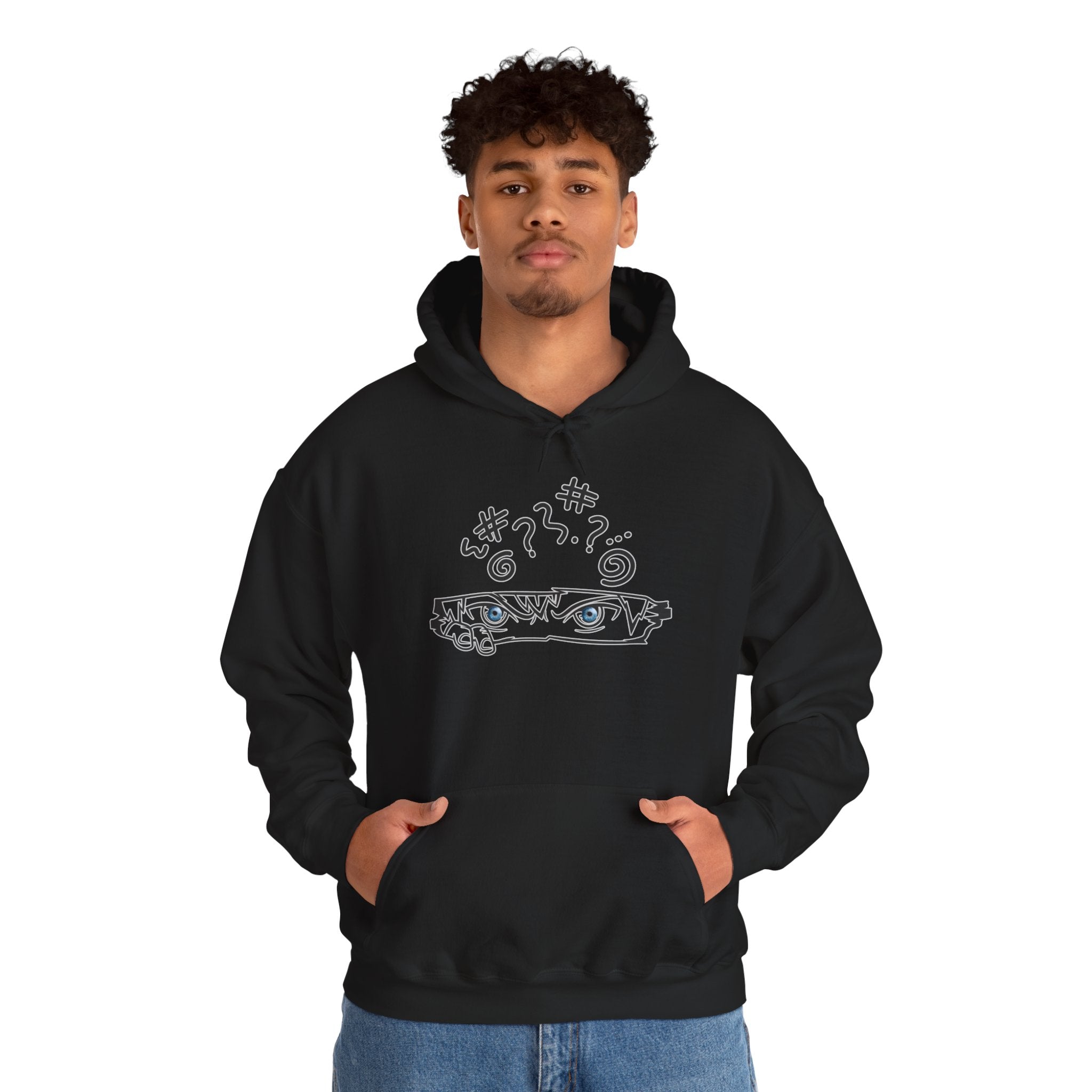Person wearing a black hoodie with a graphic design on a white background